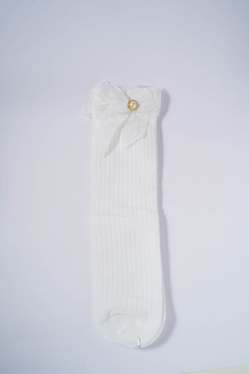 White Ribbed Socks with Metallic White Bow