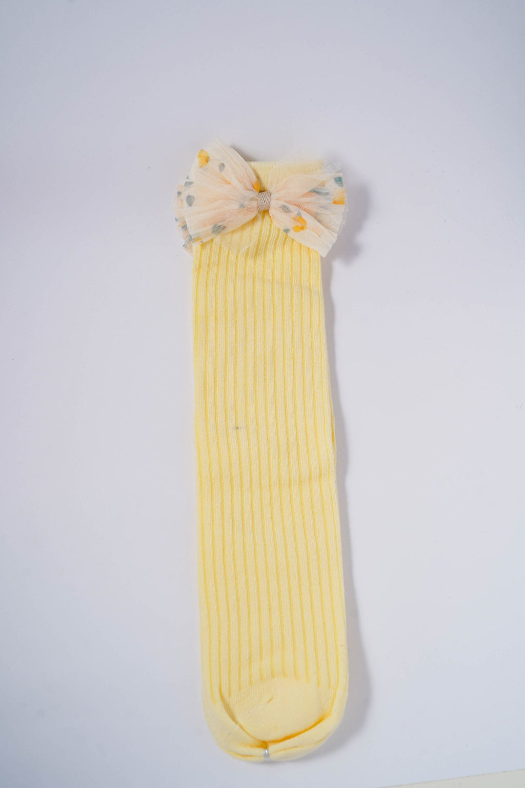 Yellow Ribbed Socks with Floral Tulle Bow
