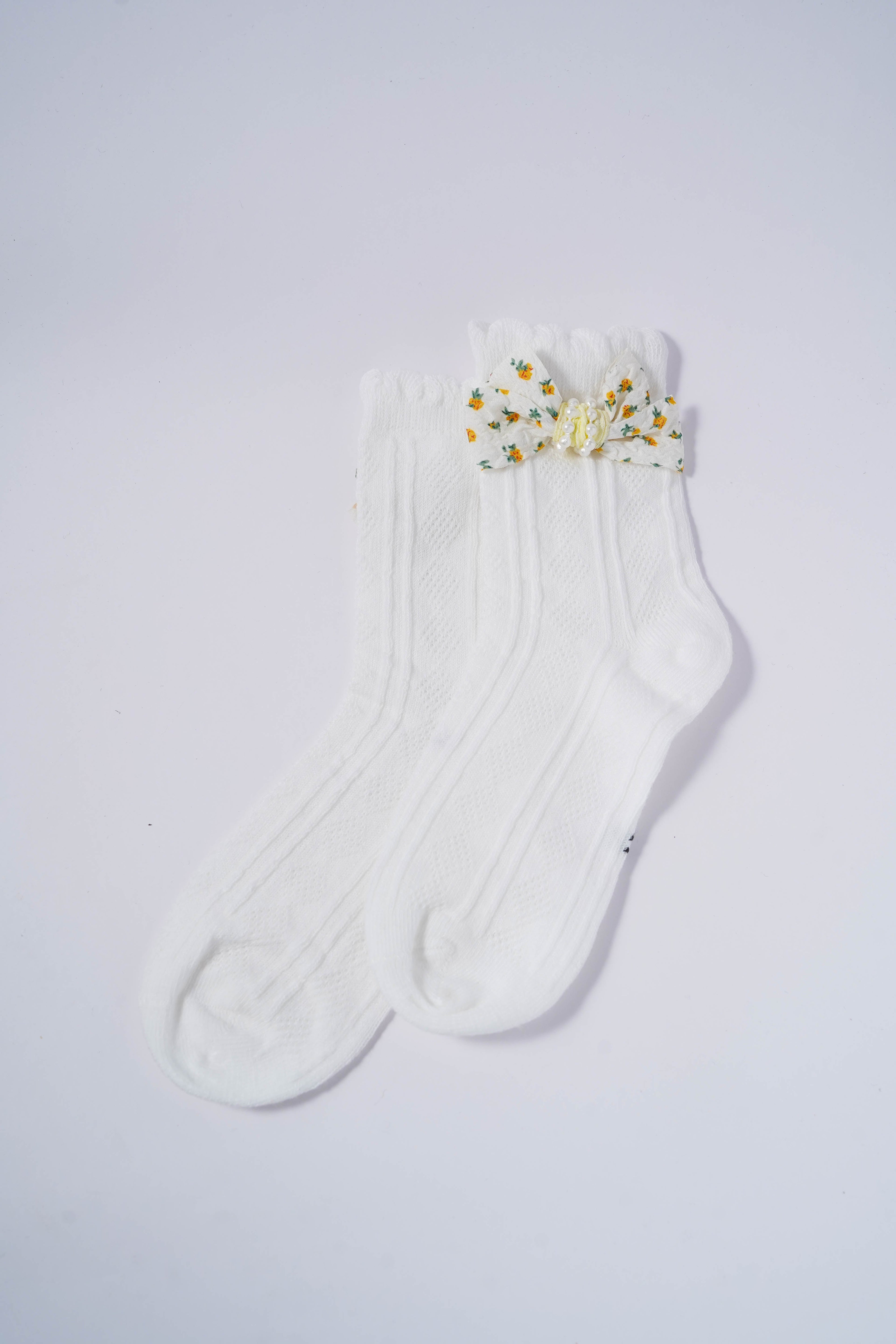 Kids Socks with Yellow Floral Bow & Pearl
