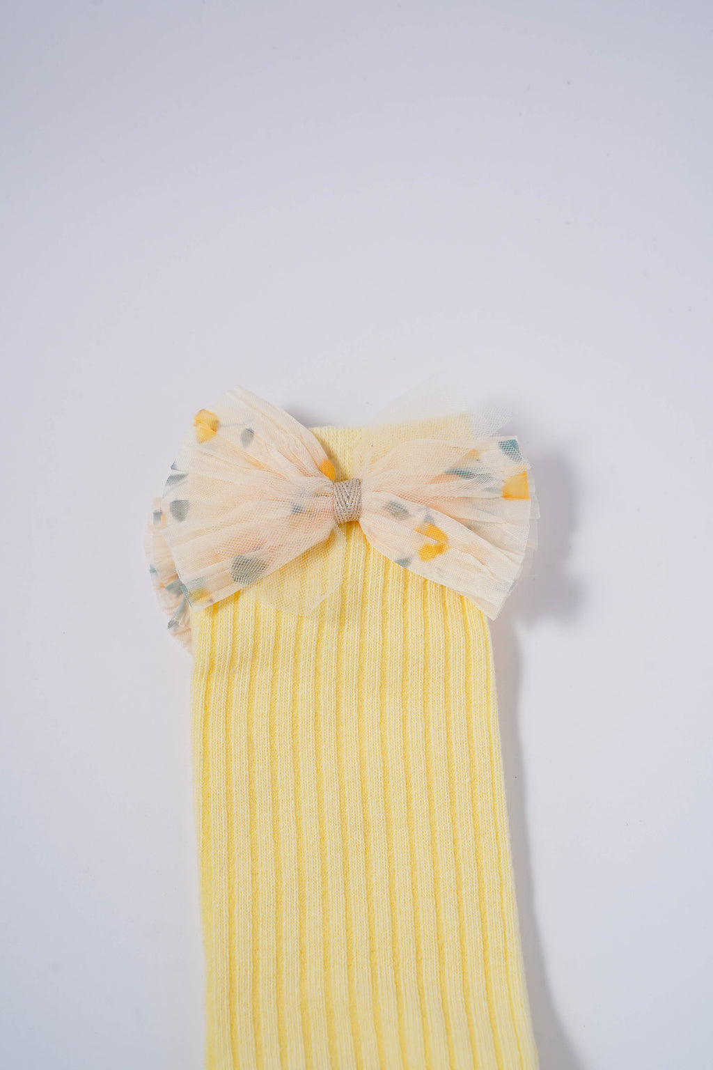 Yellow Ribbed Socks with Floral Tulle Bow