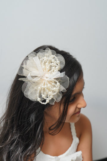 Elegant Tulle Hair Clip with Pearl Loops & Ribbon Bow Party & Wedding Hair Accessory