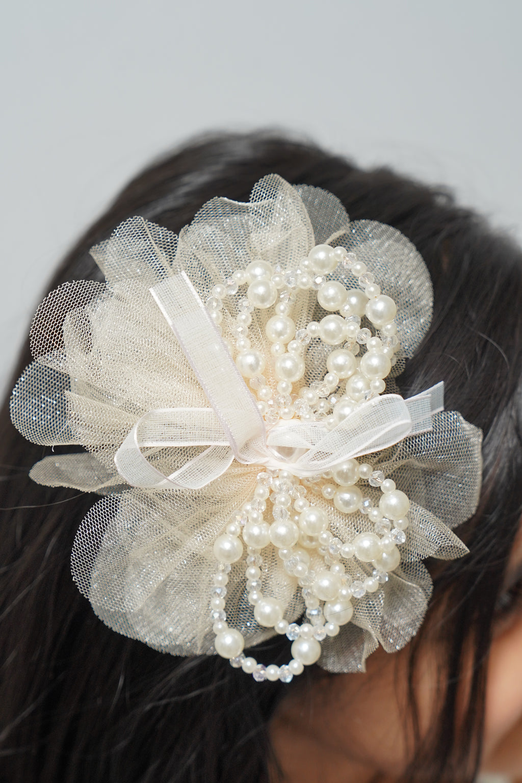 Elegant Tulle Hair Clip with Pearl Loops & Ribbon Bow Party & Wedding Hair Accessory