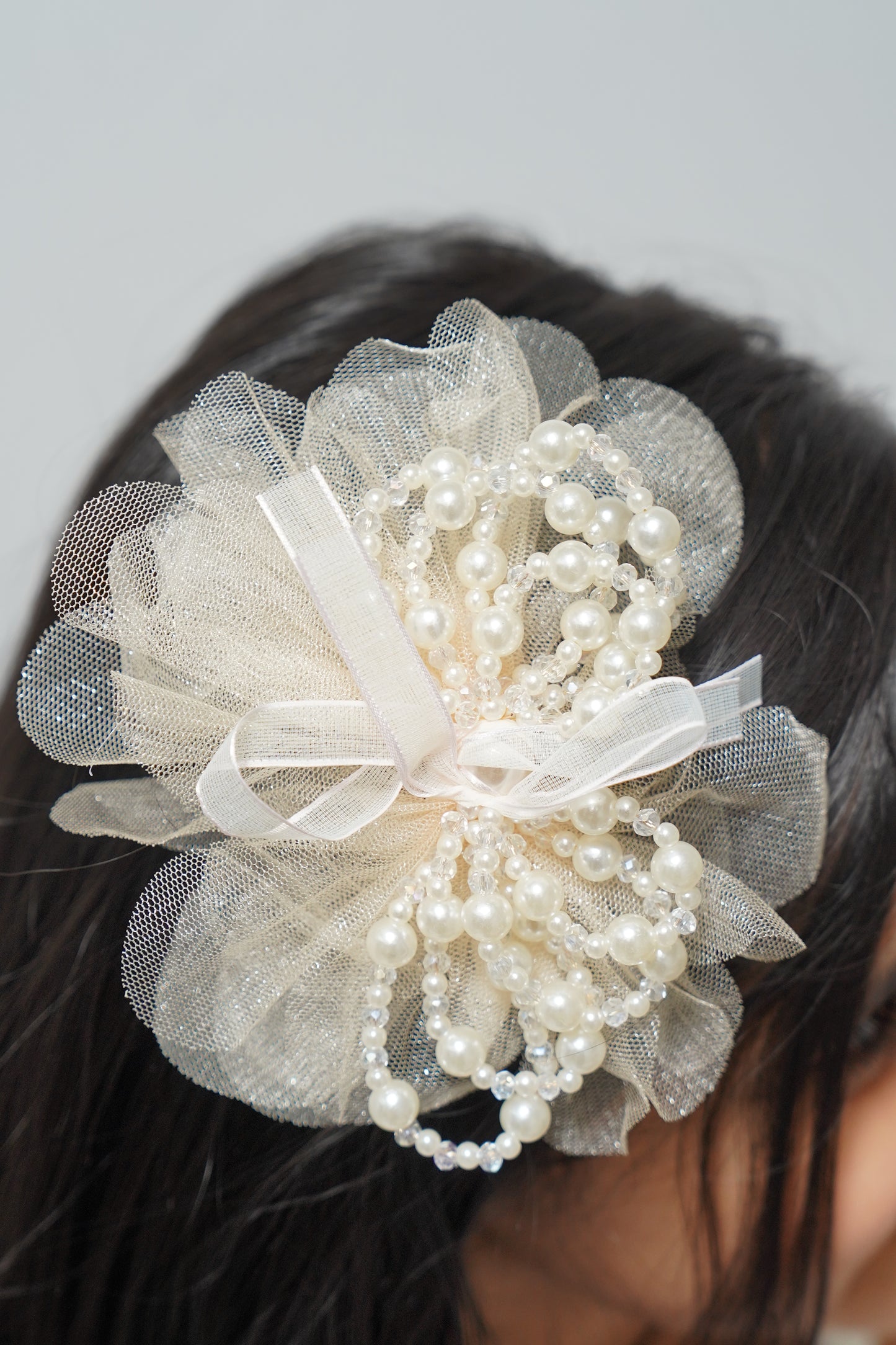 Elegant Tulle Hair Clip with Pearl Loops & Ribbon Bow Party & Wedding Hair Accessory