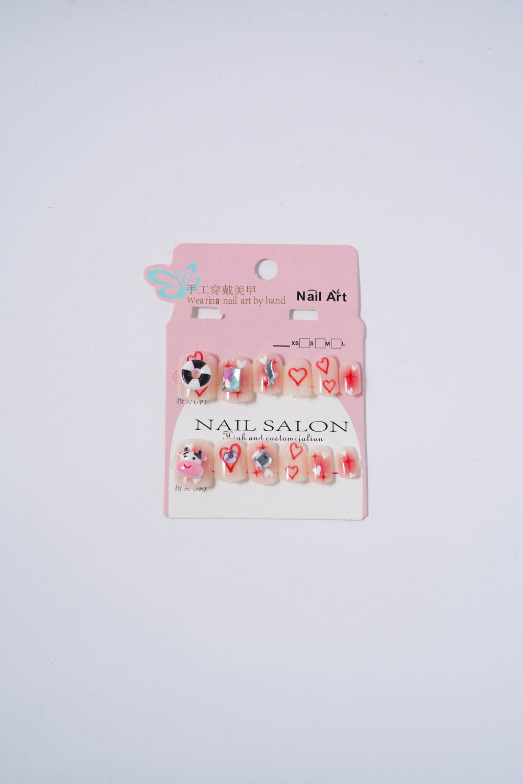 Cow & hearts Diamond studded nails