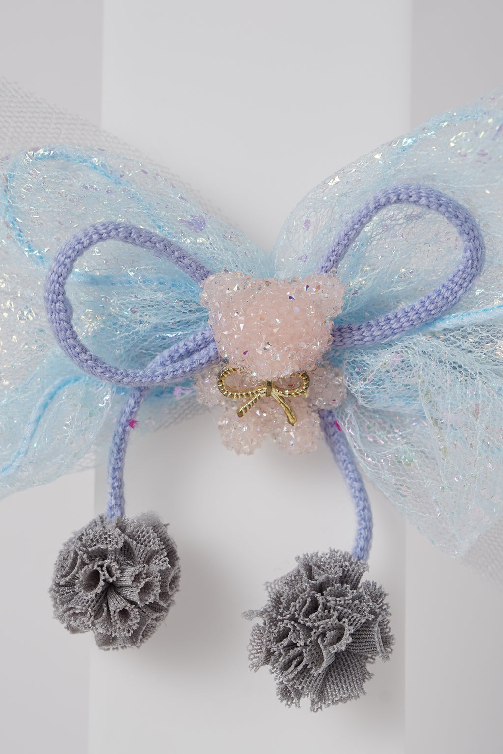 Glitter Bow Hair Clip with Pink Teddy & Pom-Poms Cute Party Hair Accessory for Girls