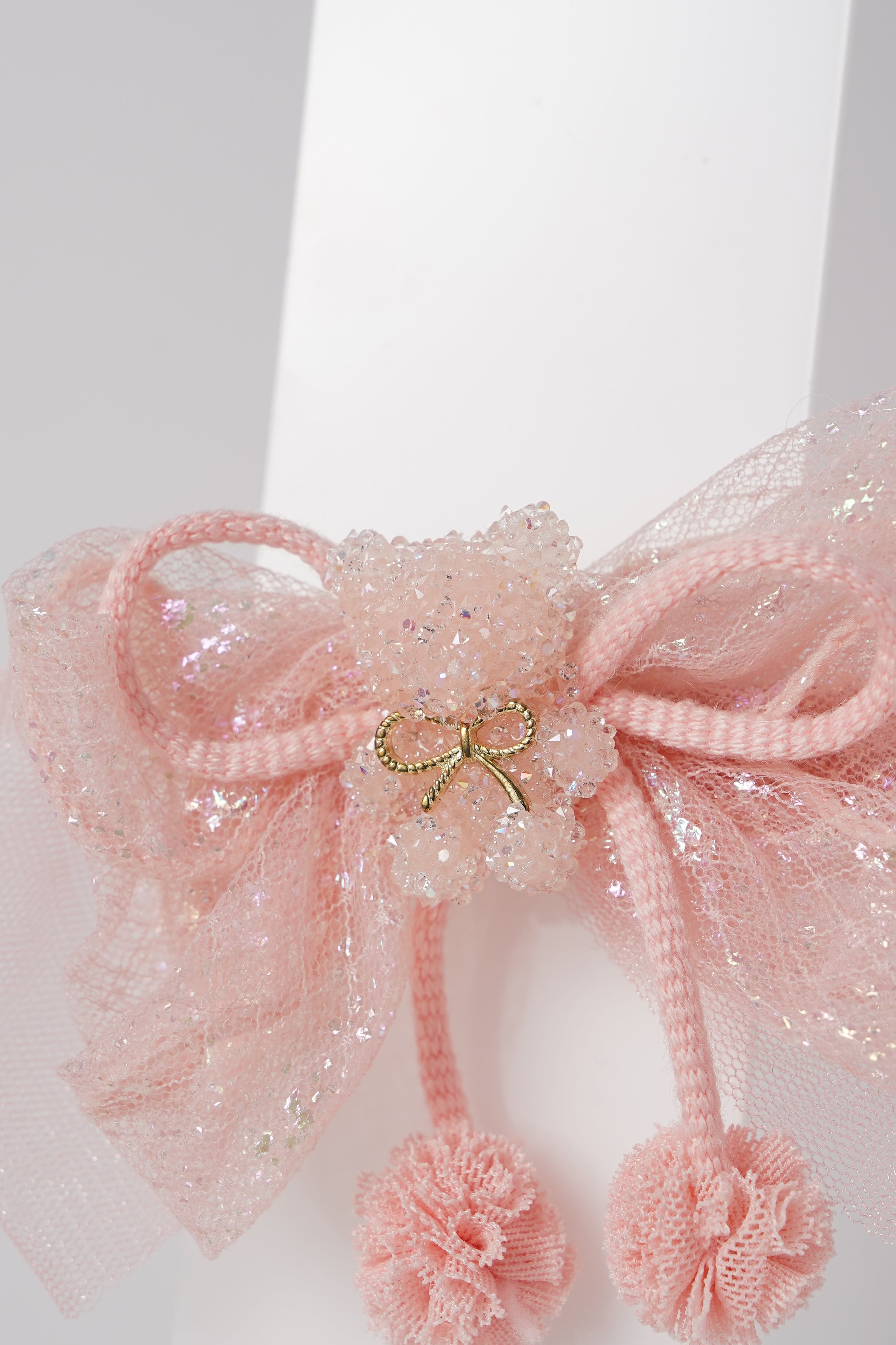 Glitter Bow Hair Clip with Pink Teddy & Pom-Poms Cute Party Hair