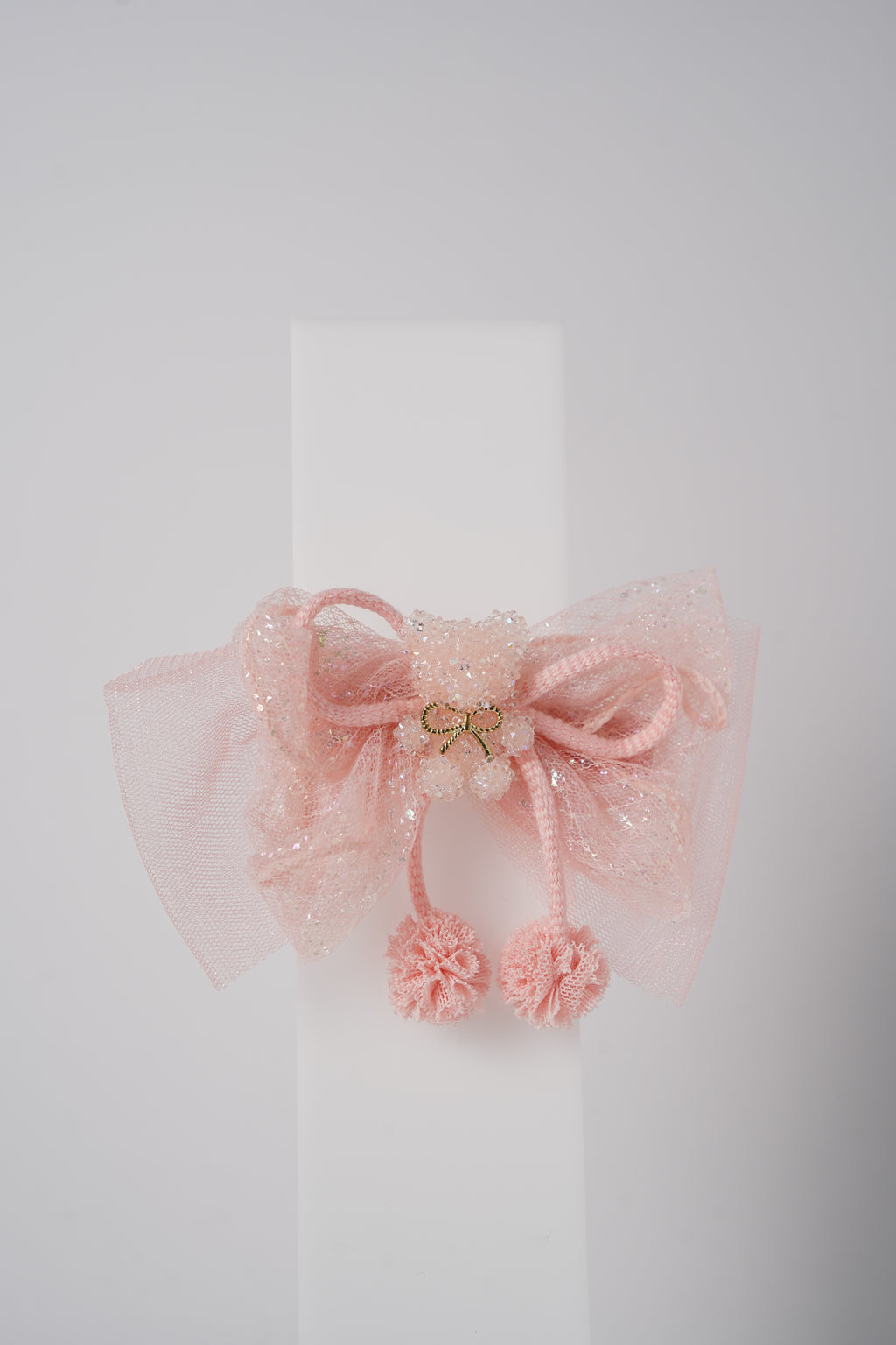 Glitter Bow Hair Clip with Pink Teddy & Pom-Poms Cute Party Hair Accessory for Girls