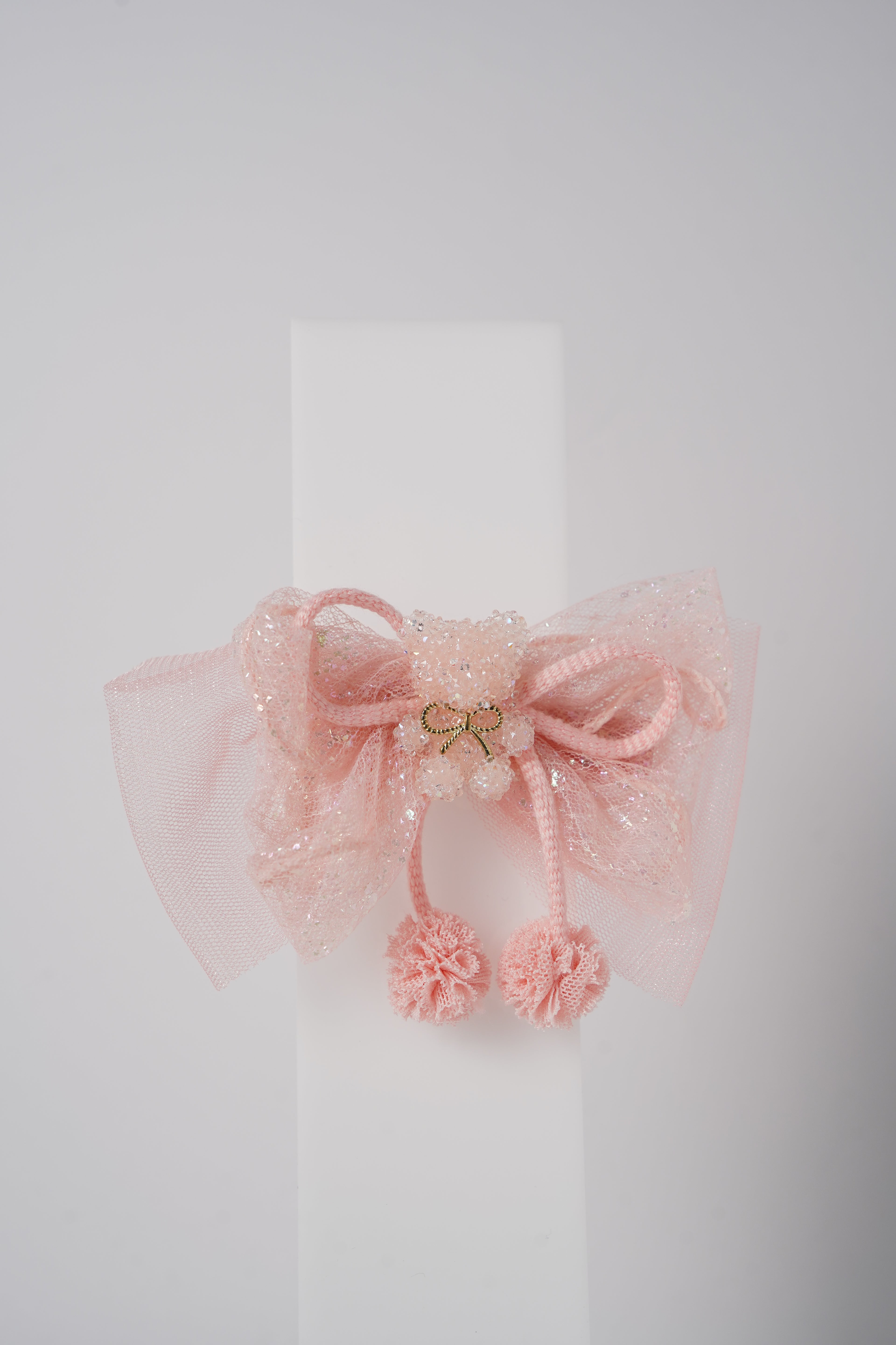 Glitter Bow Hair Clip with Pink Teddy & Pom-Poms Cute Party Hair Accessory for Girls