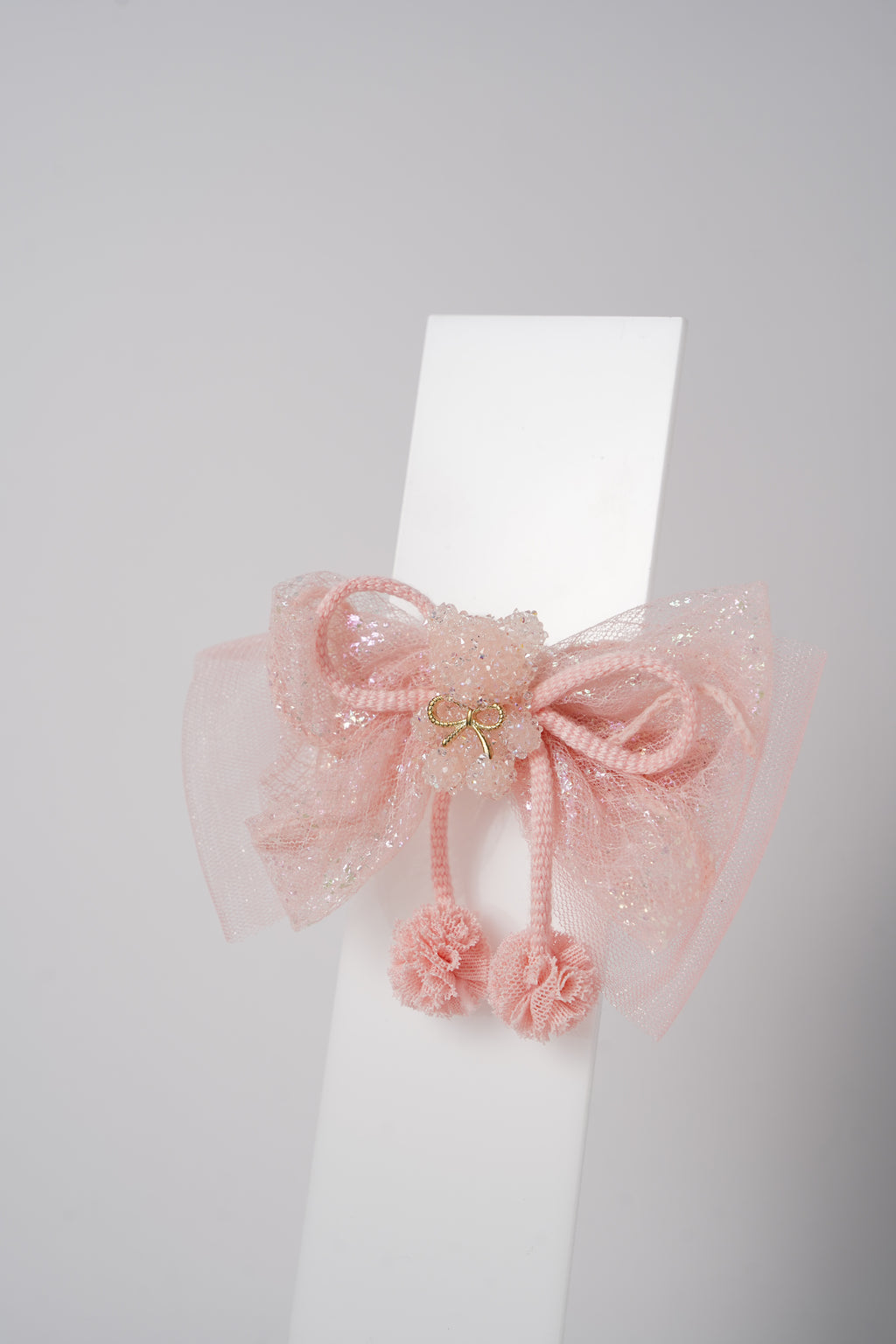 Glitter Bow Hair Clip with Pink Teddy & Pom-Poms Cute Party Hair Accessory for Girls
