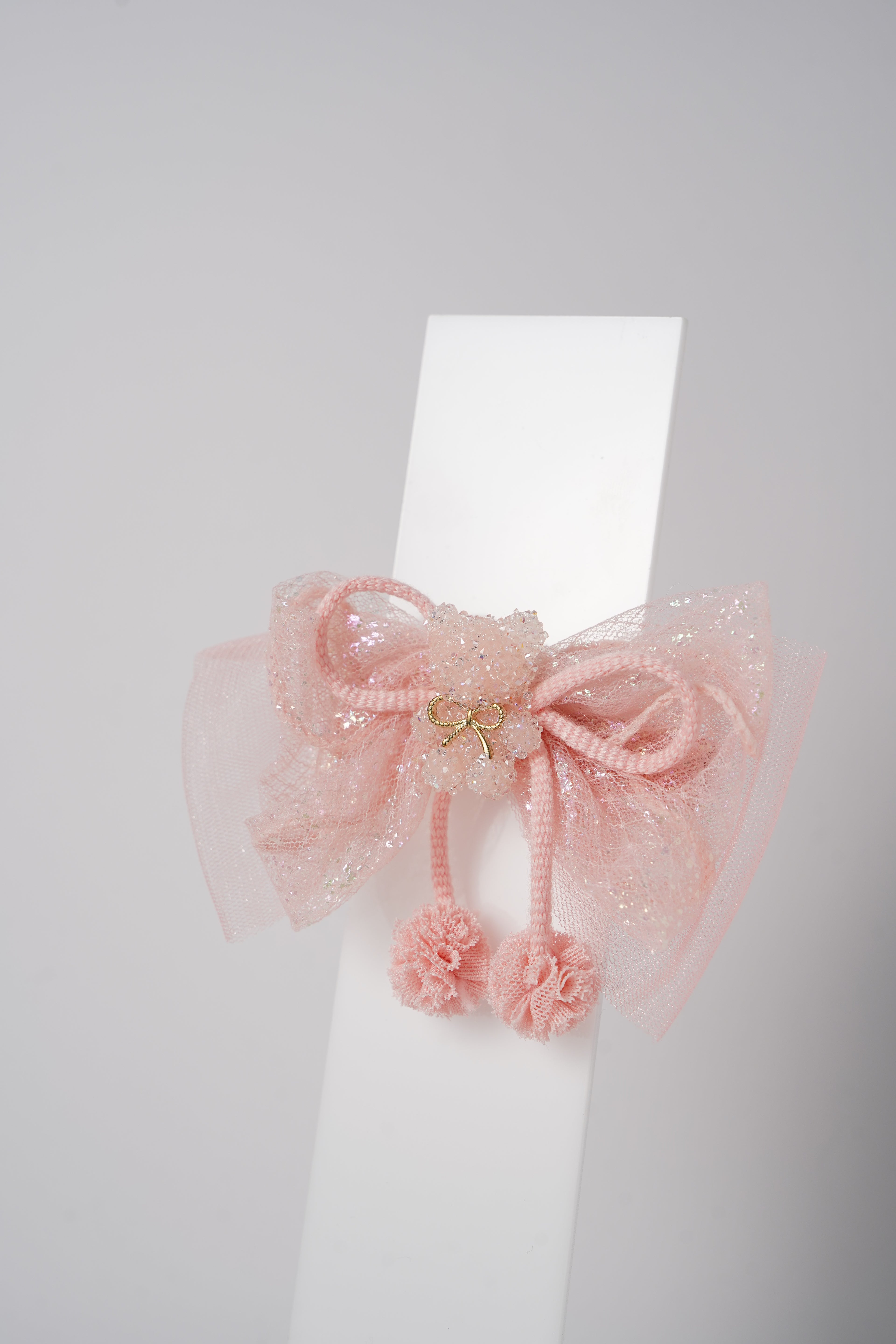 Glitter Bow Hair Clip with Pink Teddy & Pom-Poms Cute Party Hair Accessory for Girls