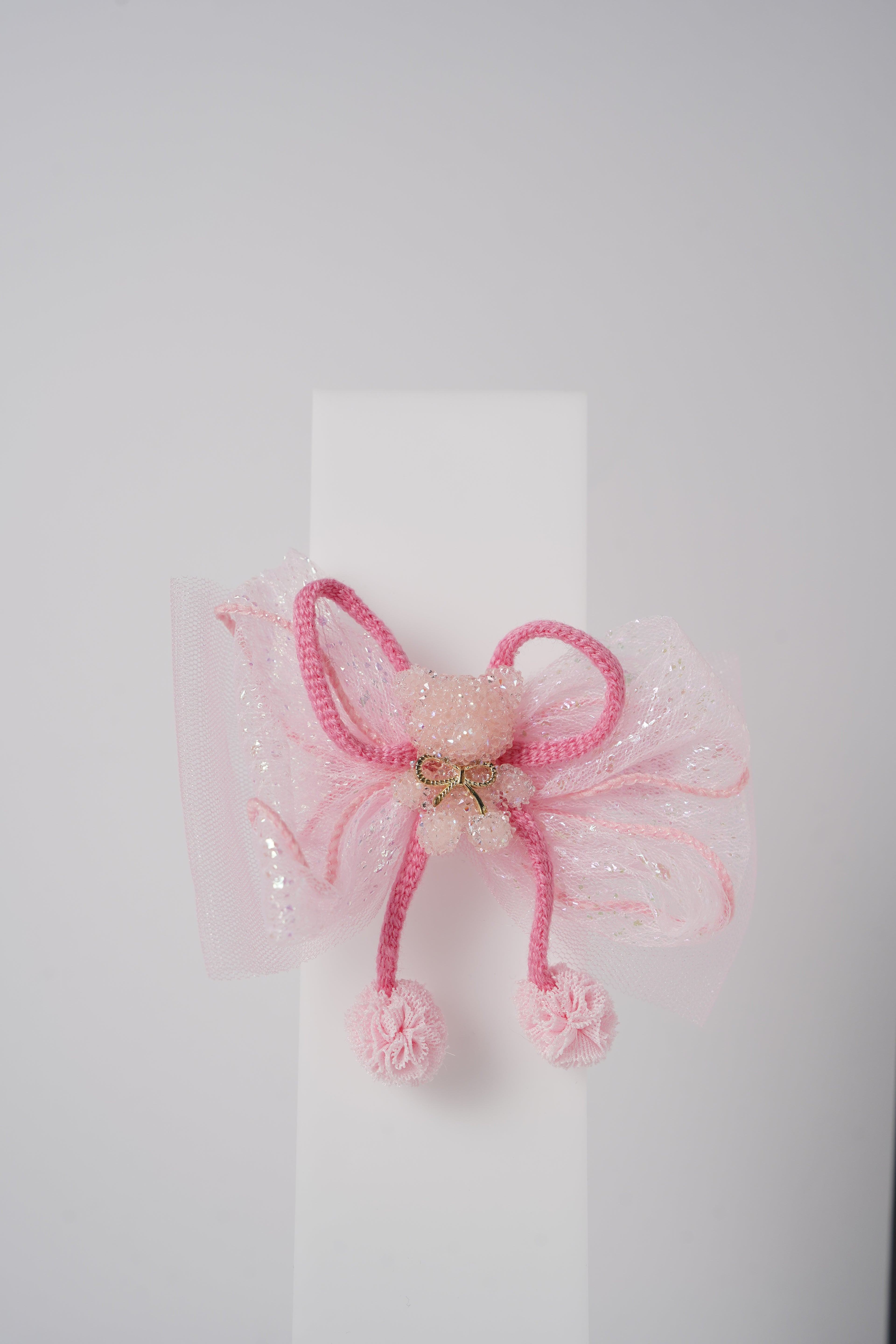 Glitter Bow Hair Clip with Pink Teddy & Pom-Poms Cute Party Hair Accessory for Girls