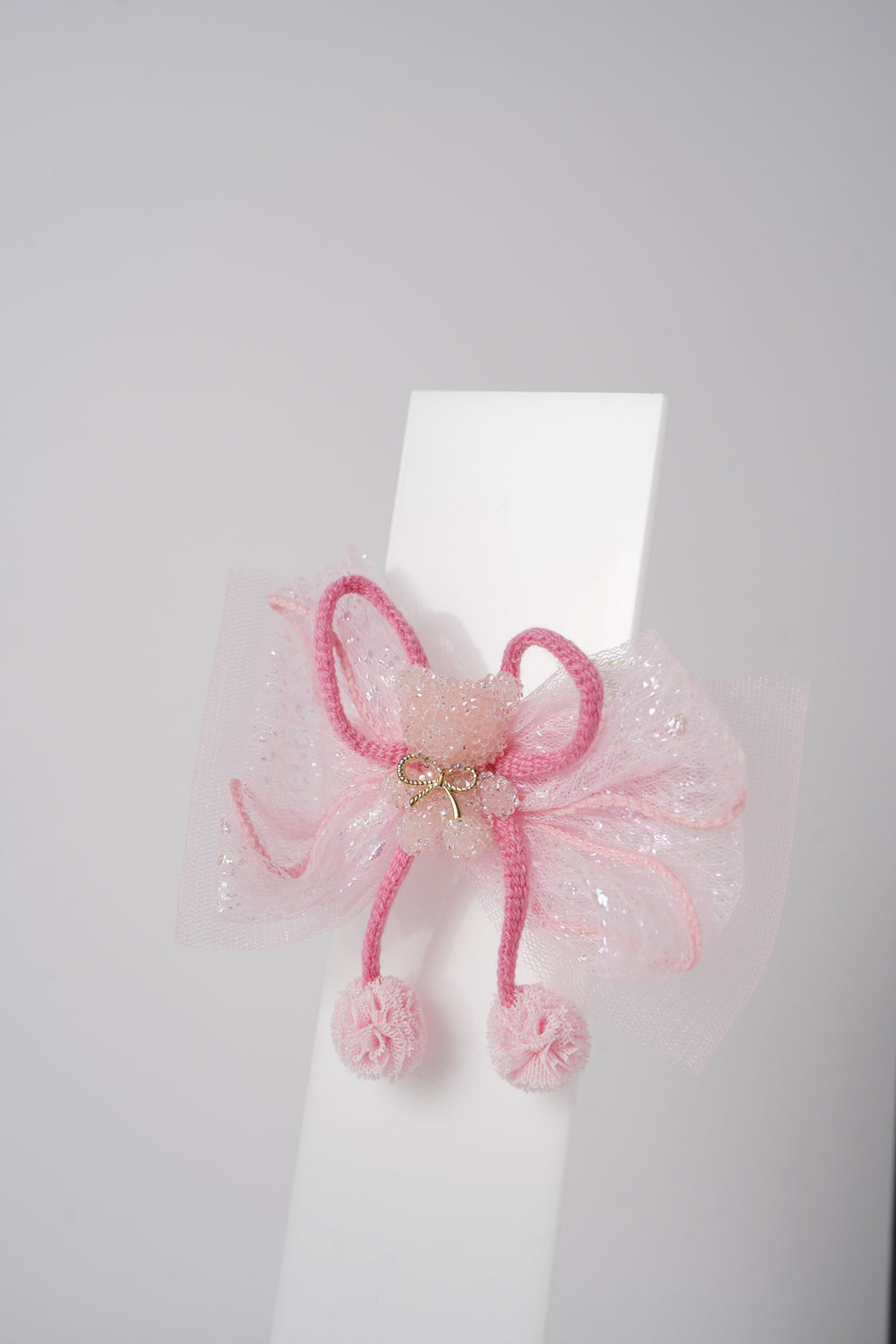 Glitter Bow Hair Clip with Pink Teddy & Pom-Poms Cute Party Hair Accessory for Girls