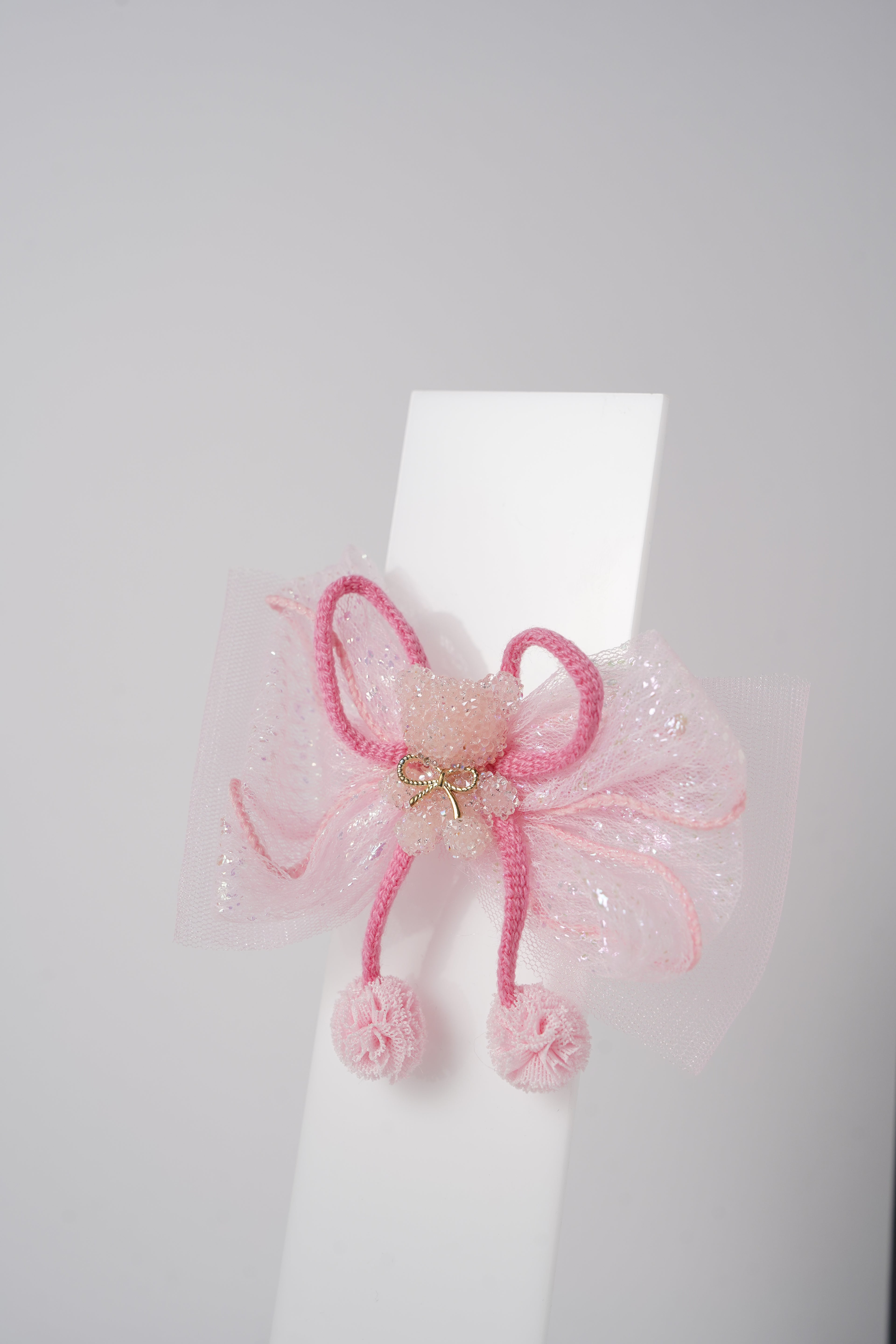 Glitter Bow Hair Clip with Pink Teddy & Pom-Poms Cute Party Hair Accessory for Girls