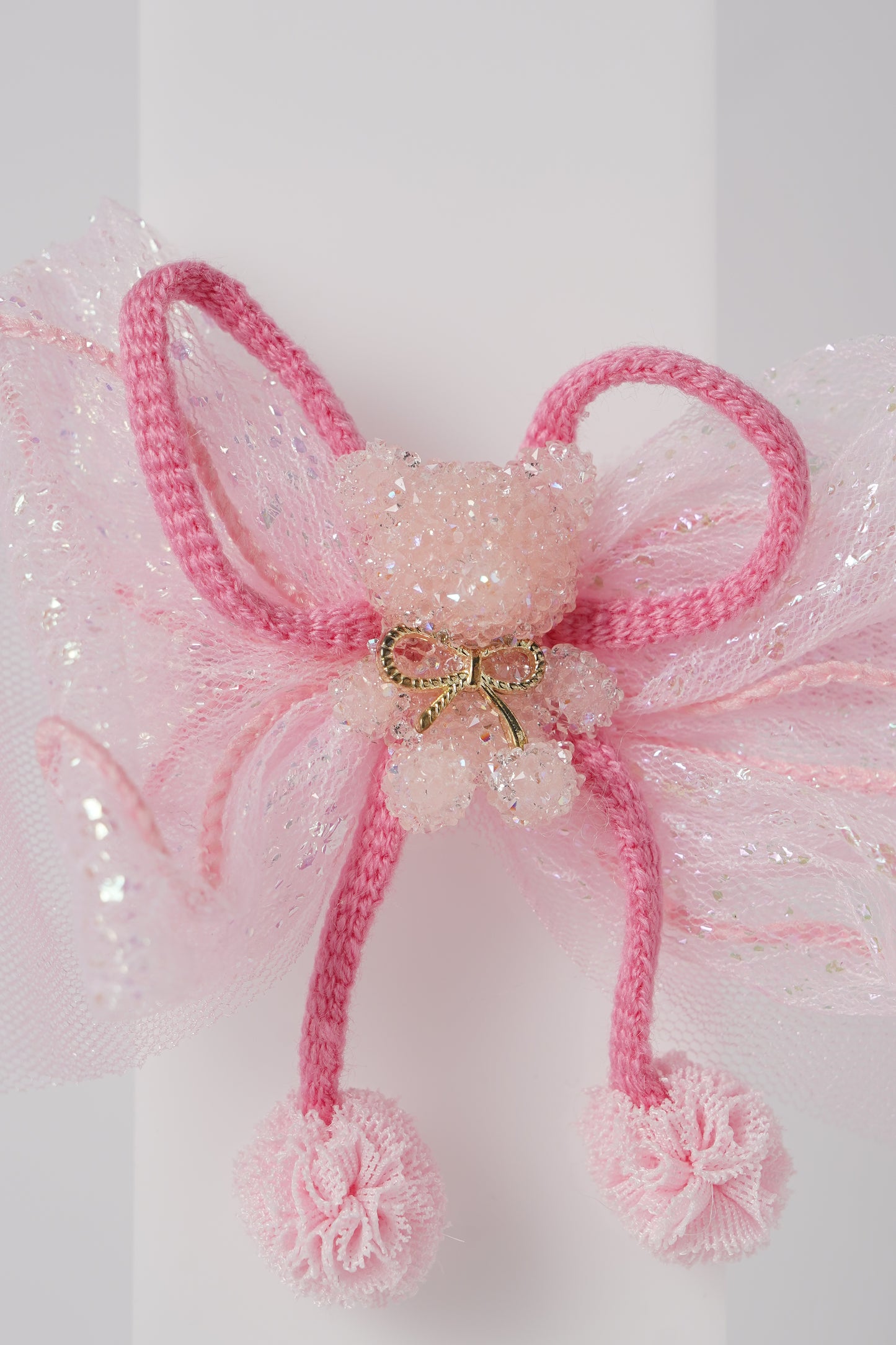 Glitter Bow Hair Clip with Pink Teddy & Pom-Poms Cute Party Hair Accessory for Girls
