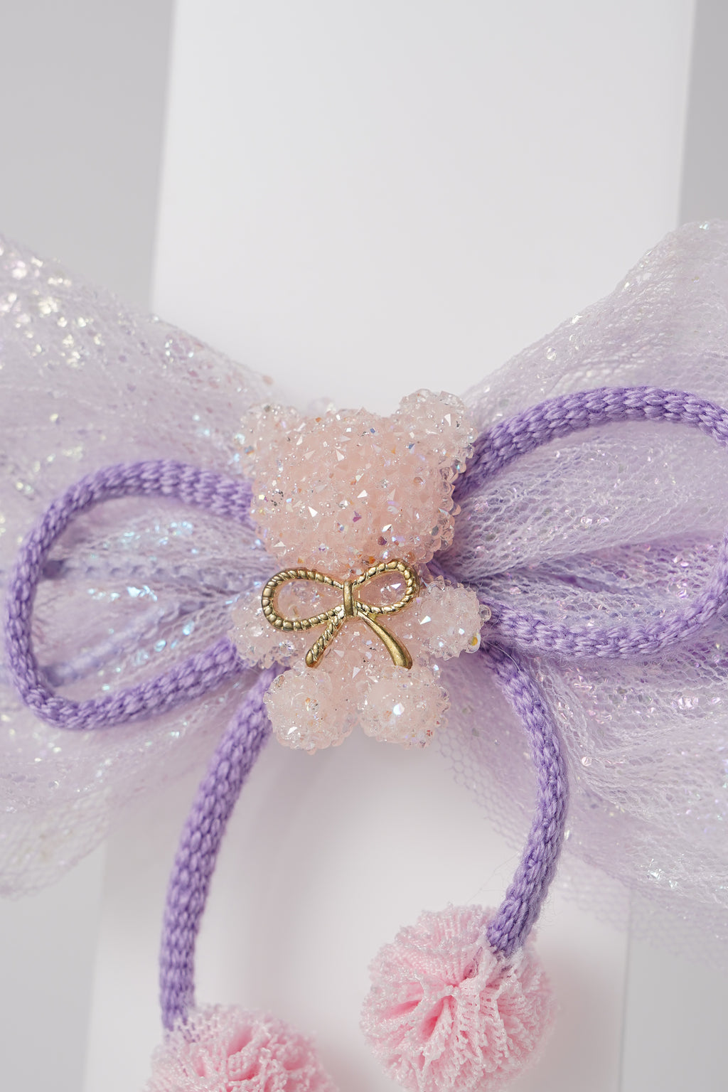 Glitter Bow Hair Clip with Pink Teddy & Pom-Poms Cute Party Hair Accessory for Girls