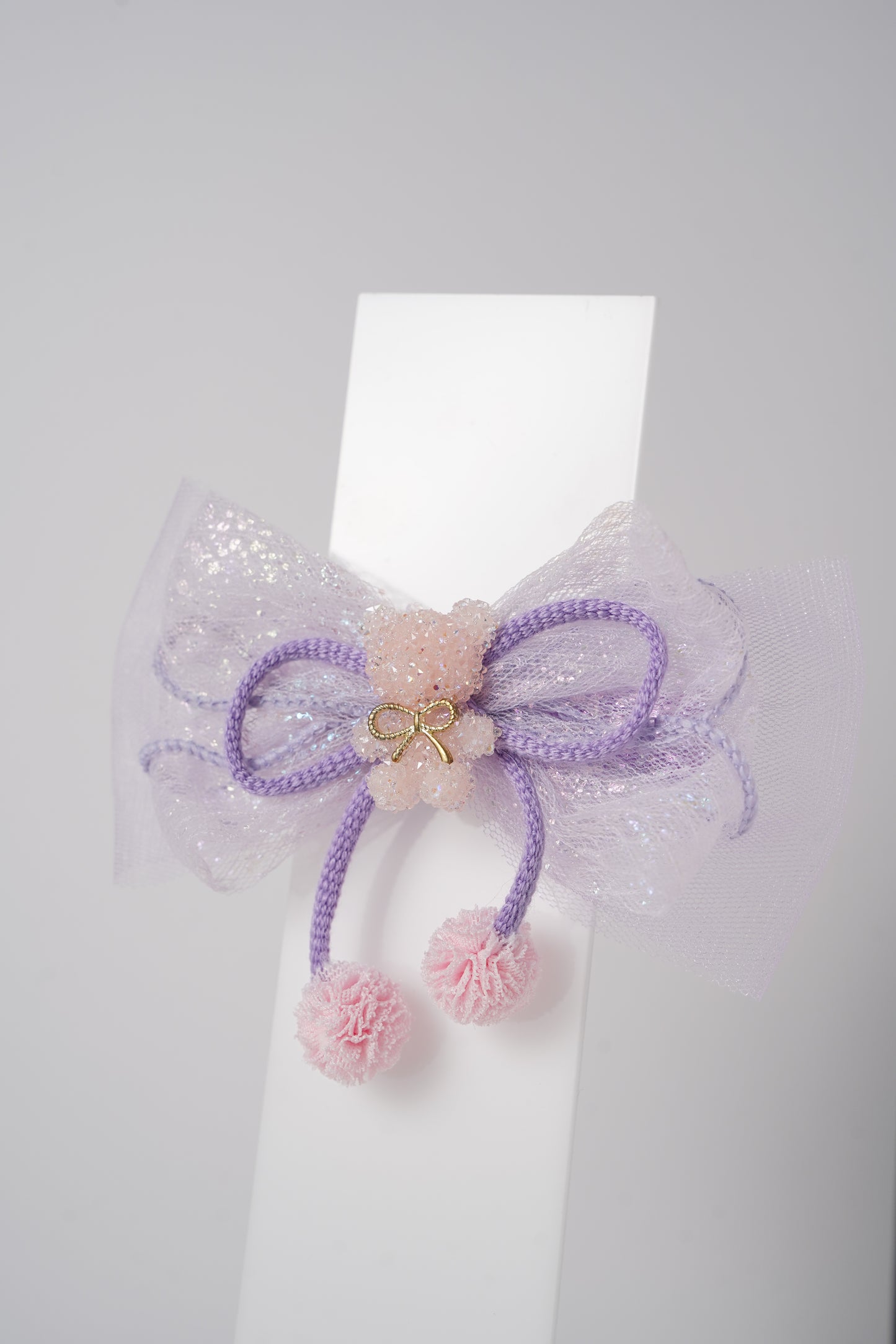 Glitter Bow Hair Clip with Pink Teddy & Pom-Poms Cute Party Hair Accessory for Girls