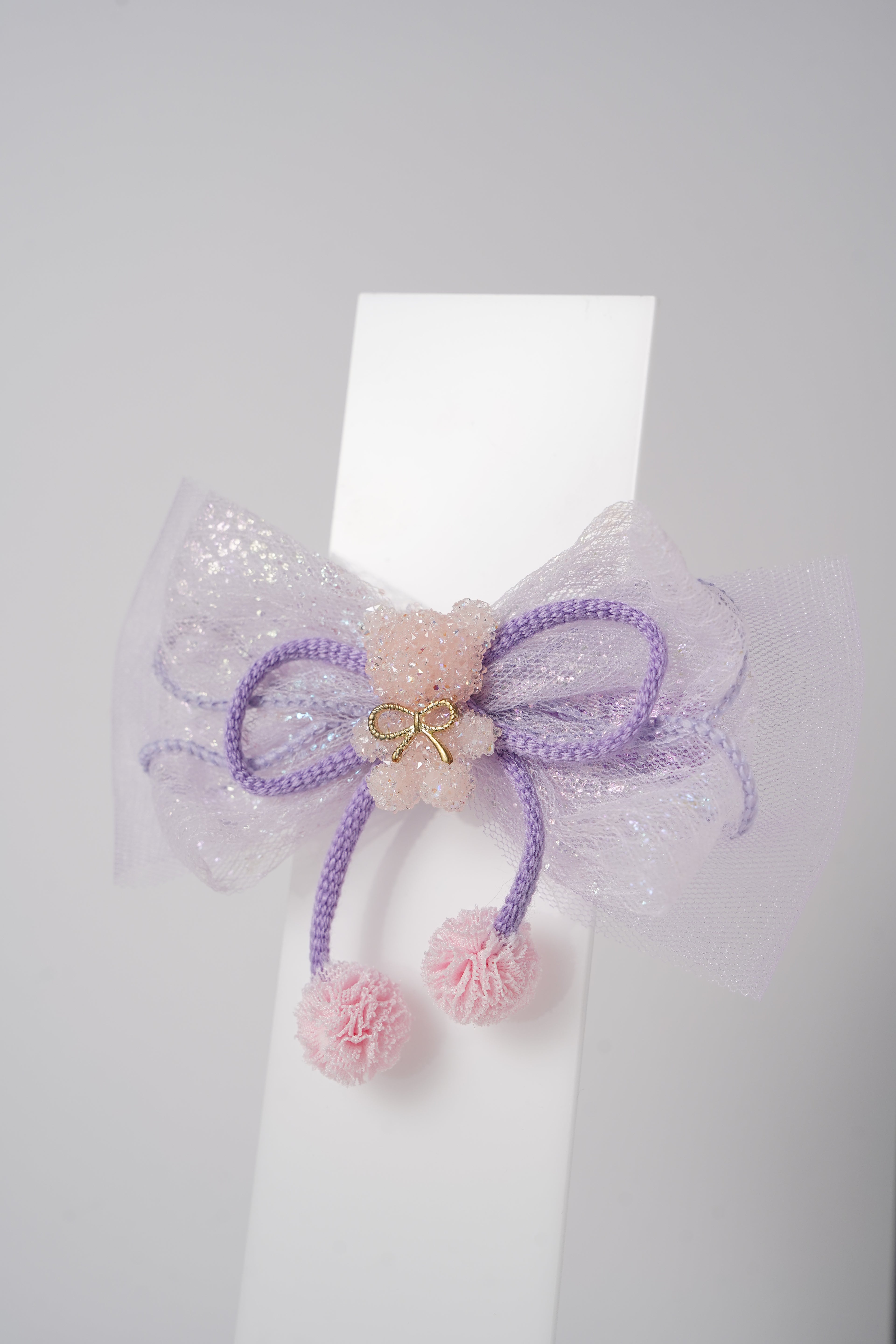 Glitter Bow Hair Clip with Pink Teddy & Pom-Poms Cute Party Hair Accessory for Girls