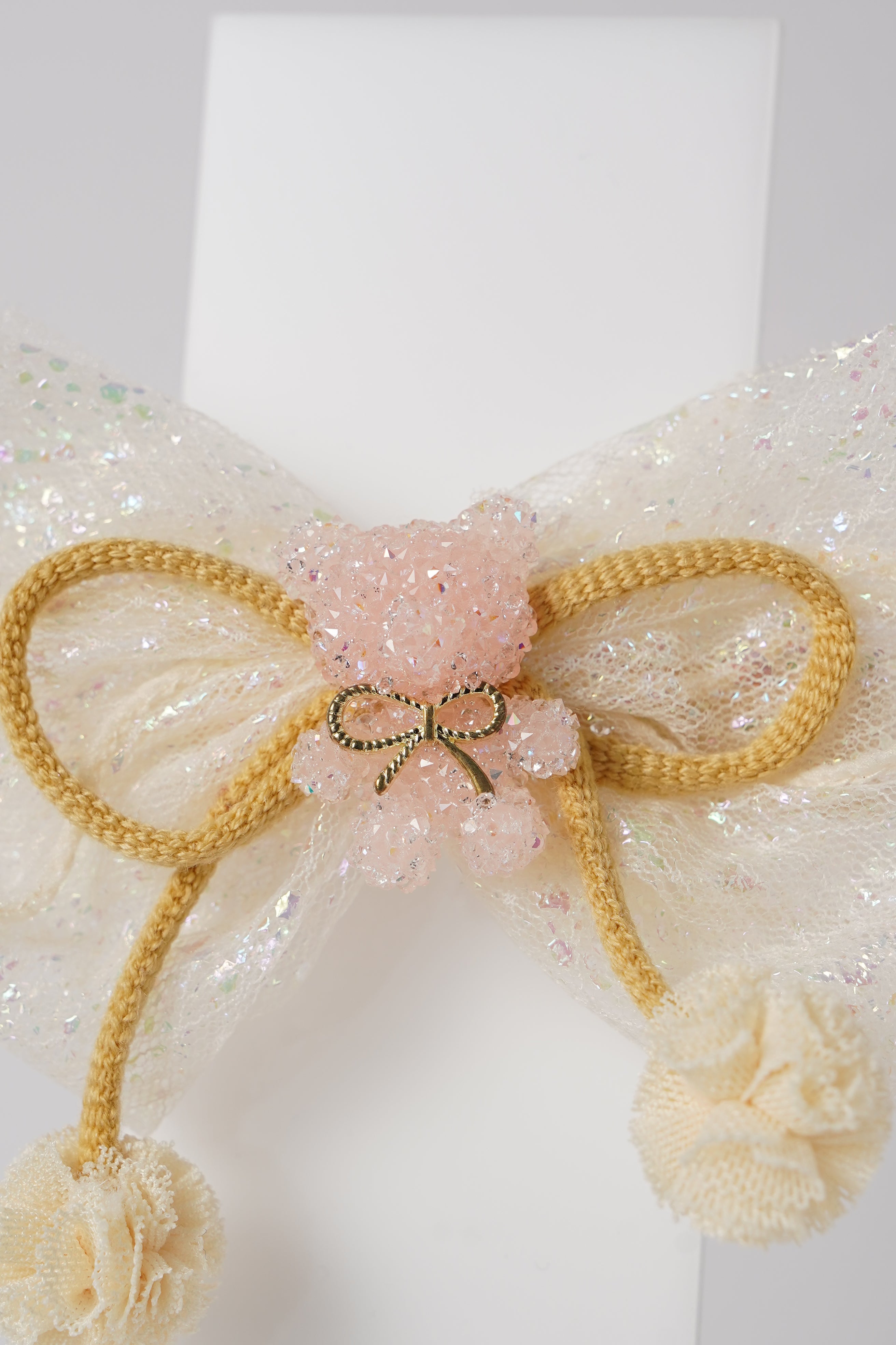 Glitter Bow Hair Clip with Pink Teddy & Pom-Poms Cute Party Hair Accessory for Girls