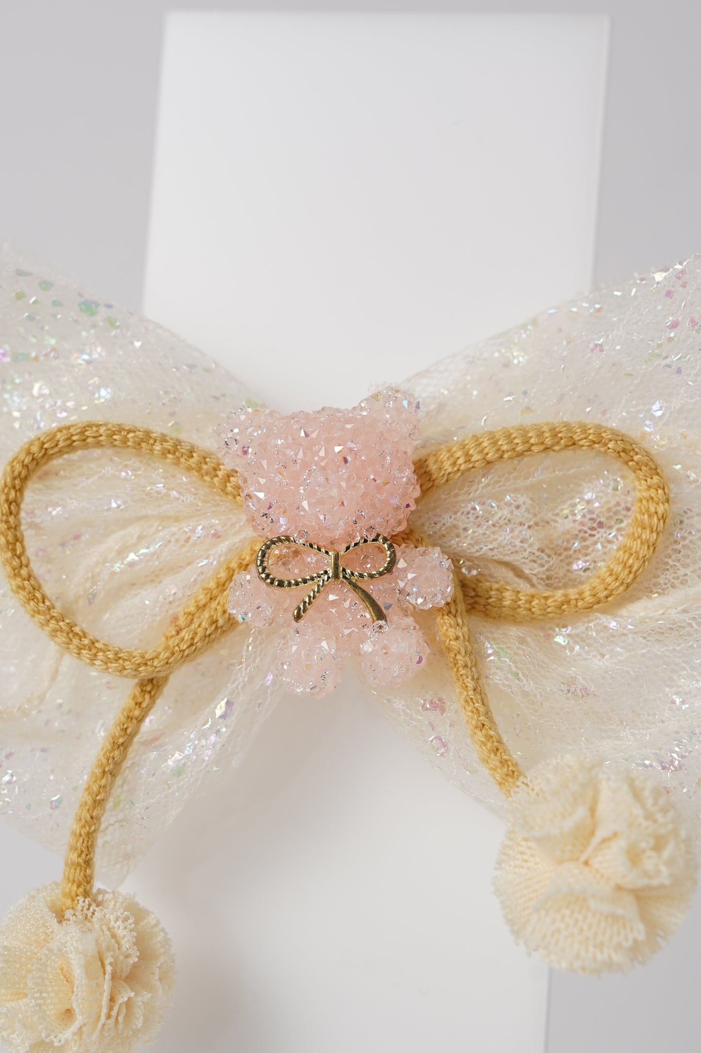 Glitter Bow Hair Clip with Pink Teddy & Pom-Poms Cute Party Hair Accessory for Girls