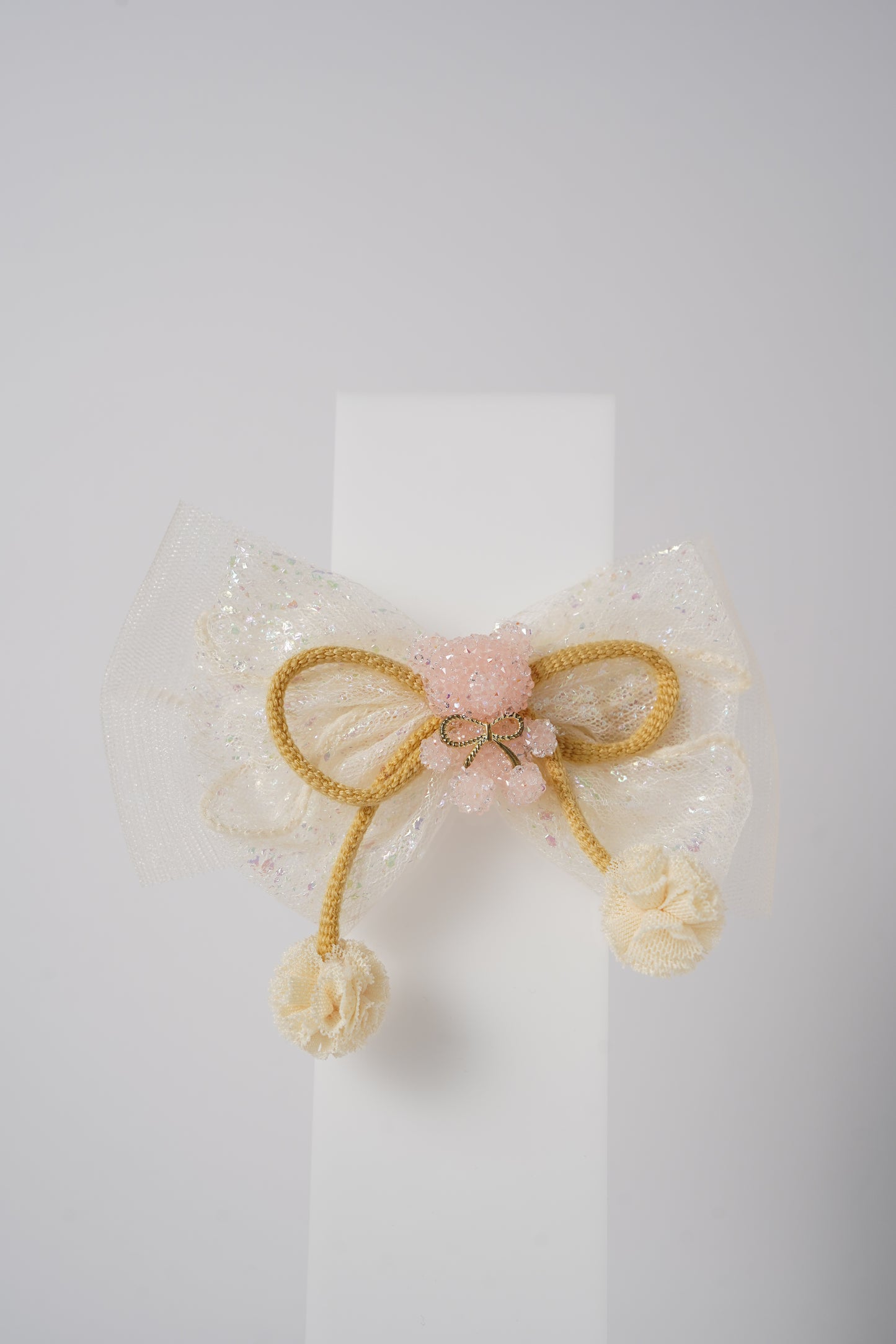 Glitter Bow Hair Clip with Pink Teddy & Pom-Poms Cute Party Hair Accessory for Girls