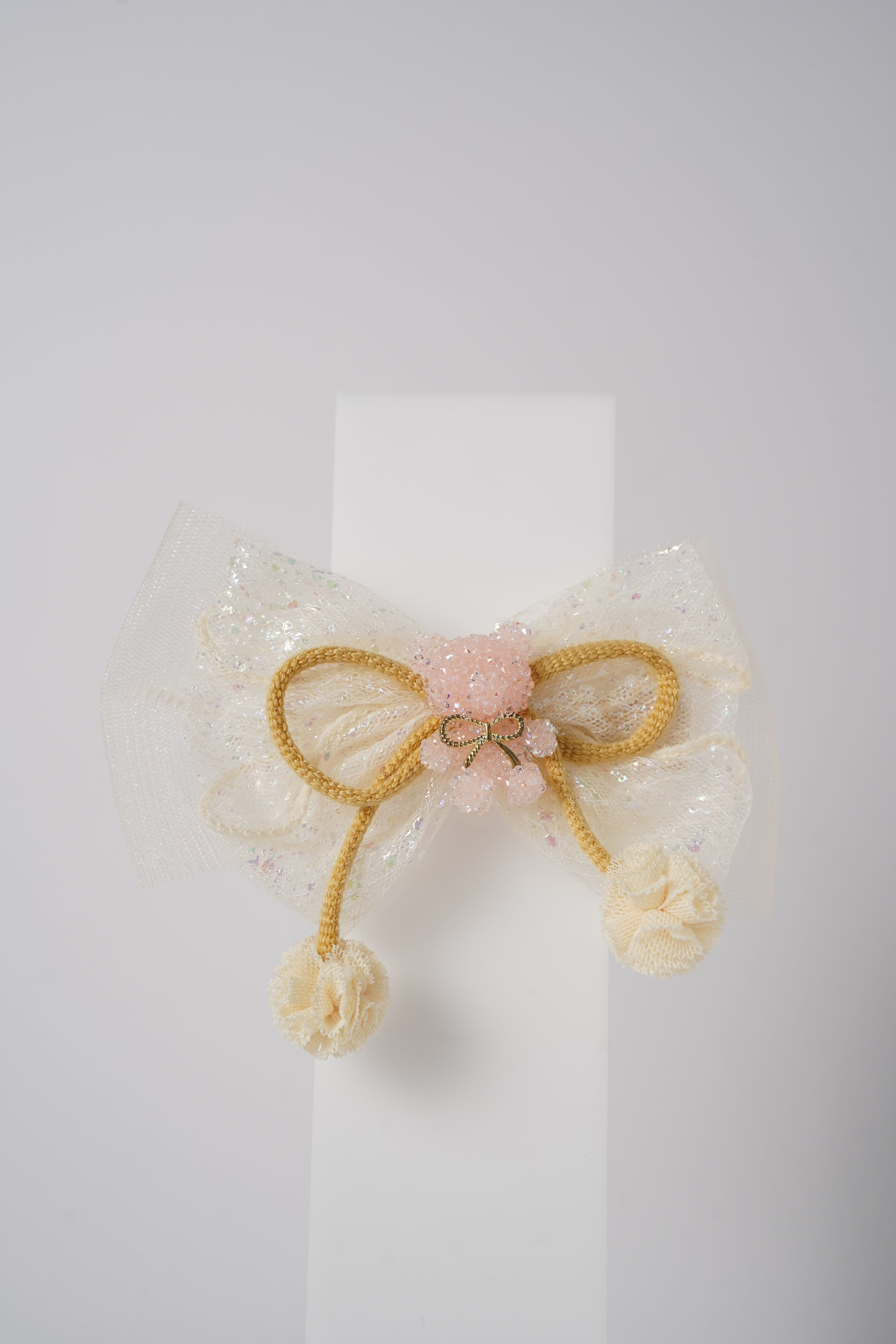 Glitter Bow Hair Clip with Pink Teddy & Pom-Poms Cute Party Hair Accessory for Girls