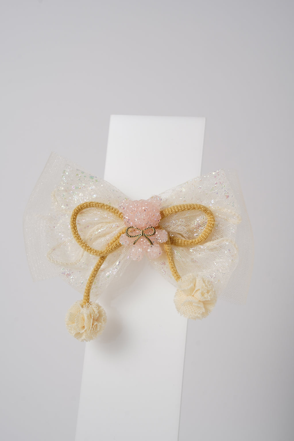 Glitter Bow Hair Clip with Pink Teddy & Pom-Poms Cute Party Hair Accessory for Girls