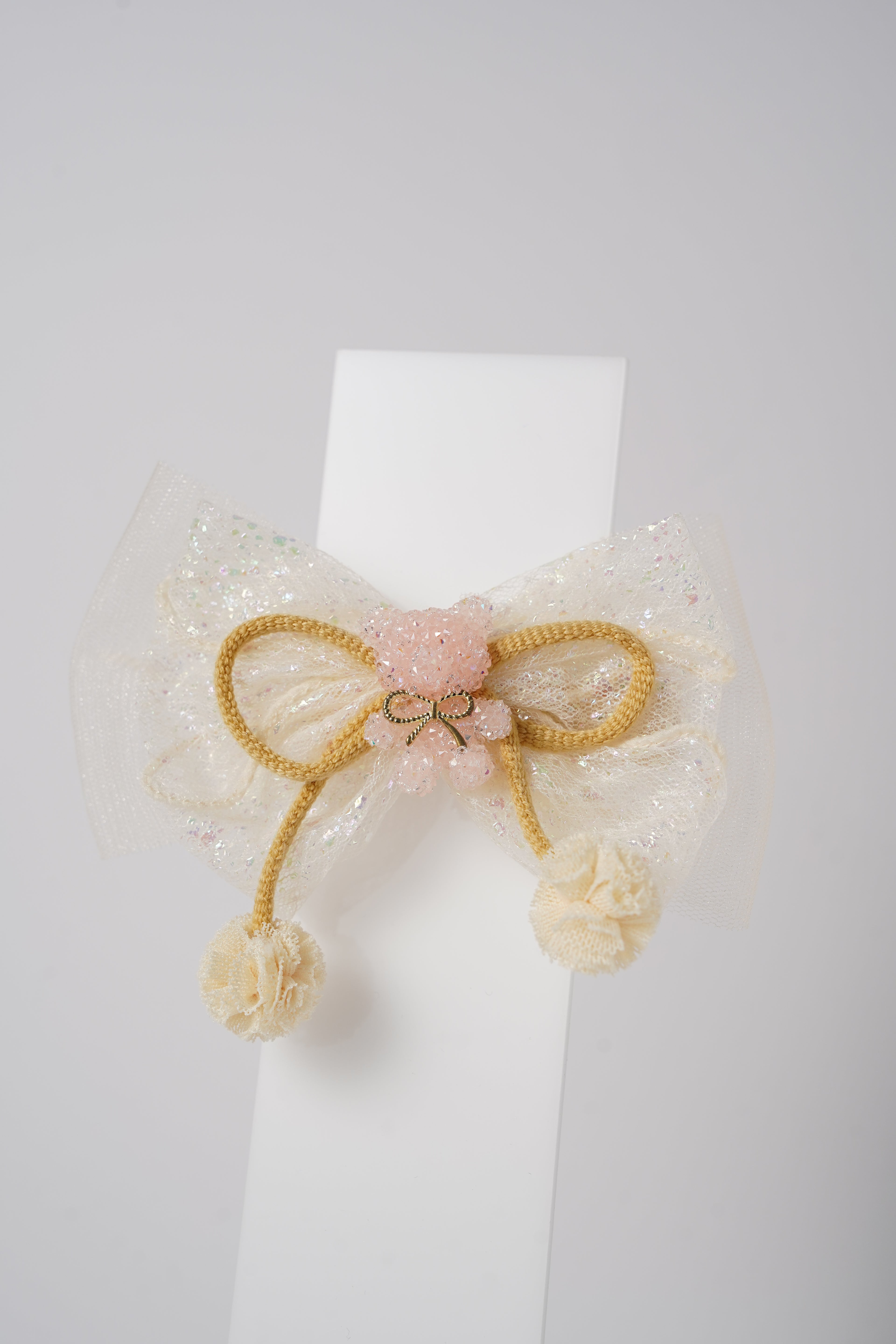 Glitter Bow Hair Clip with Pink Teddy & Pom-Poms Cute Party Hair Accessory for Girls