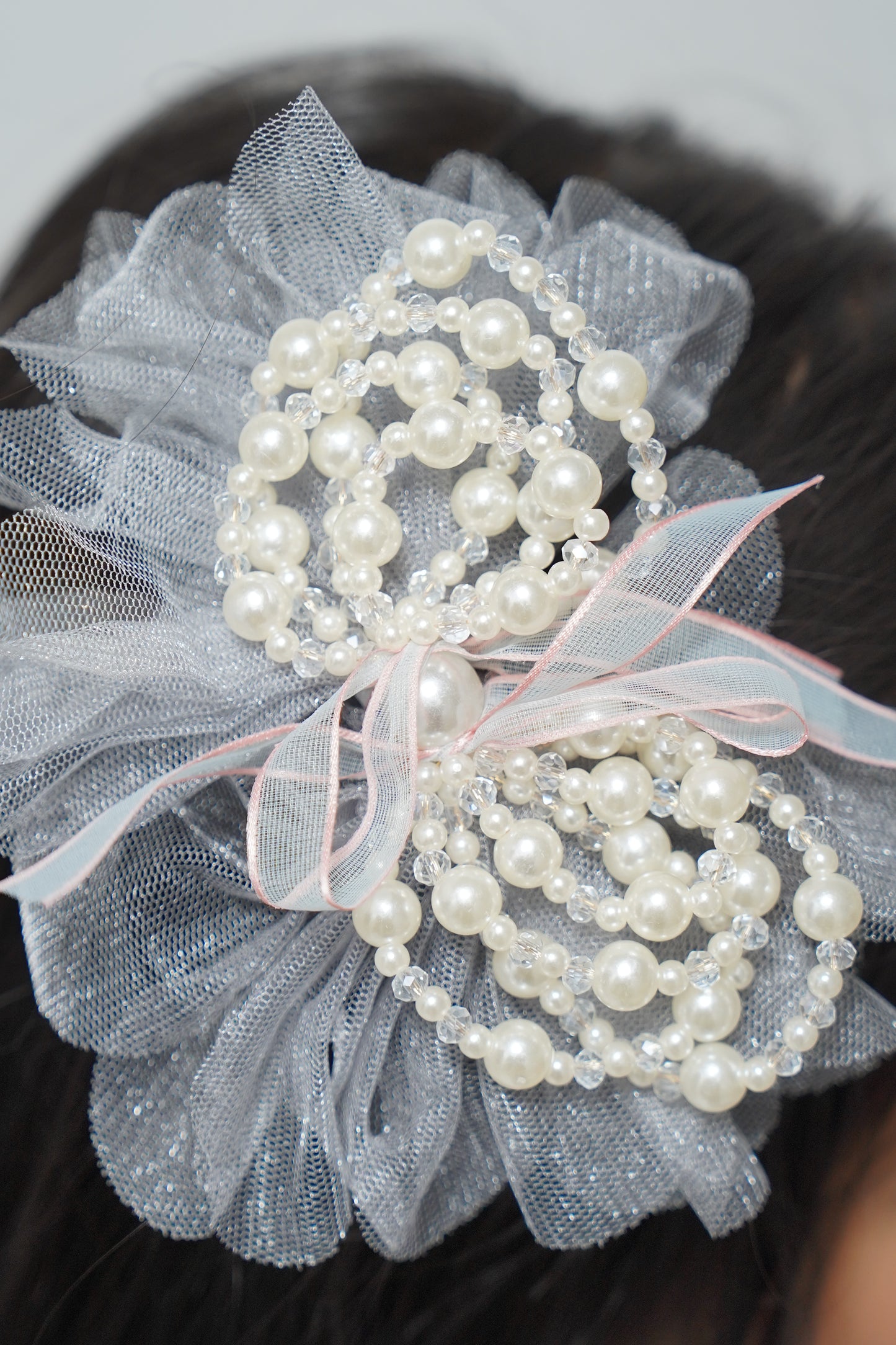 Elegant Tulle Hair Clip with Pearl Loops & Ribbon Bow Party & Wedding Hair Accessory