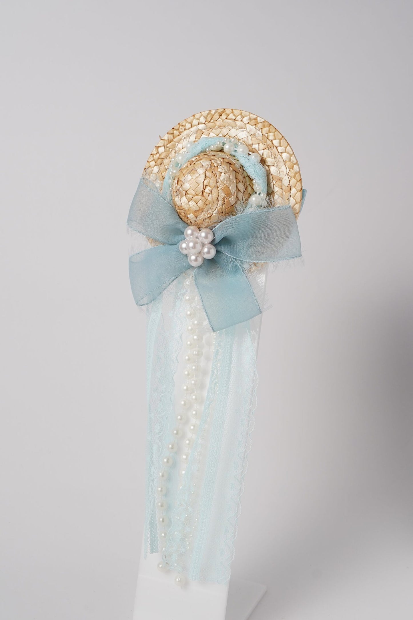 Vintage Mini Straw Hat Hair Clip with Lace, Pearls & Bow Cute Retro Hair Accessory