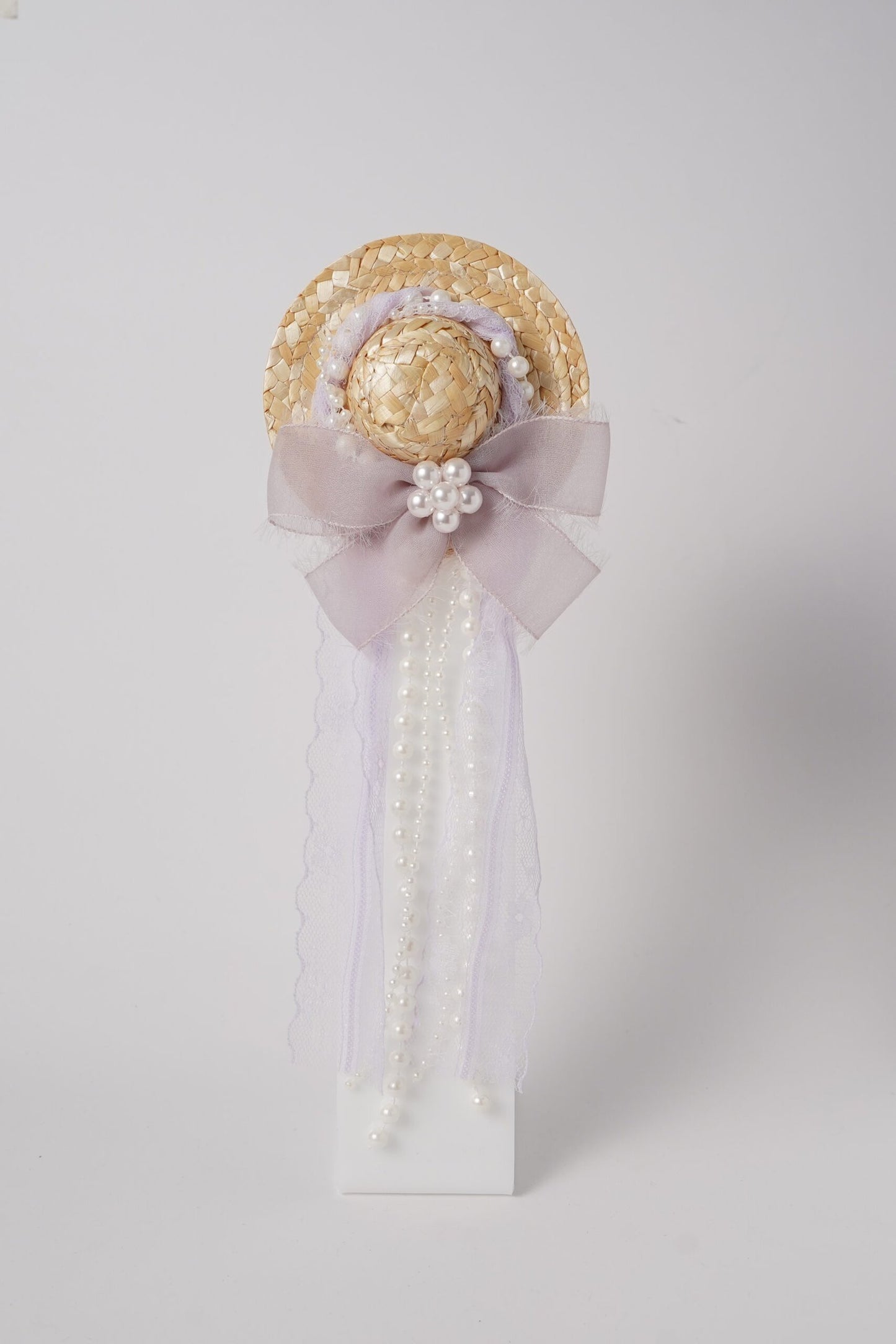 Vintage Mini Straw Hat Hair Clip with Lace, Pearls & Bow Cute Retro Hair Accessory