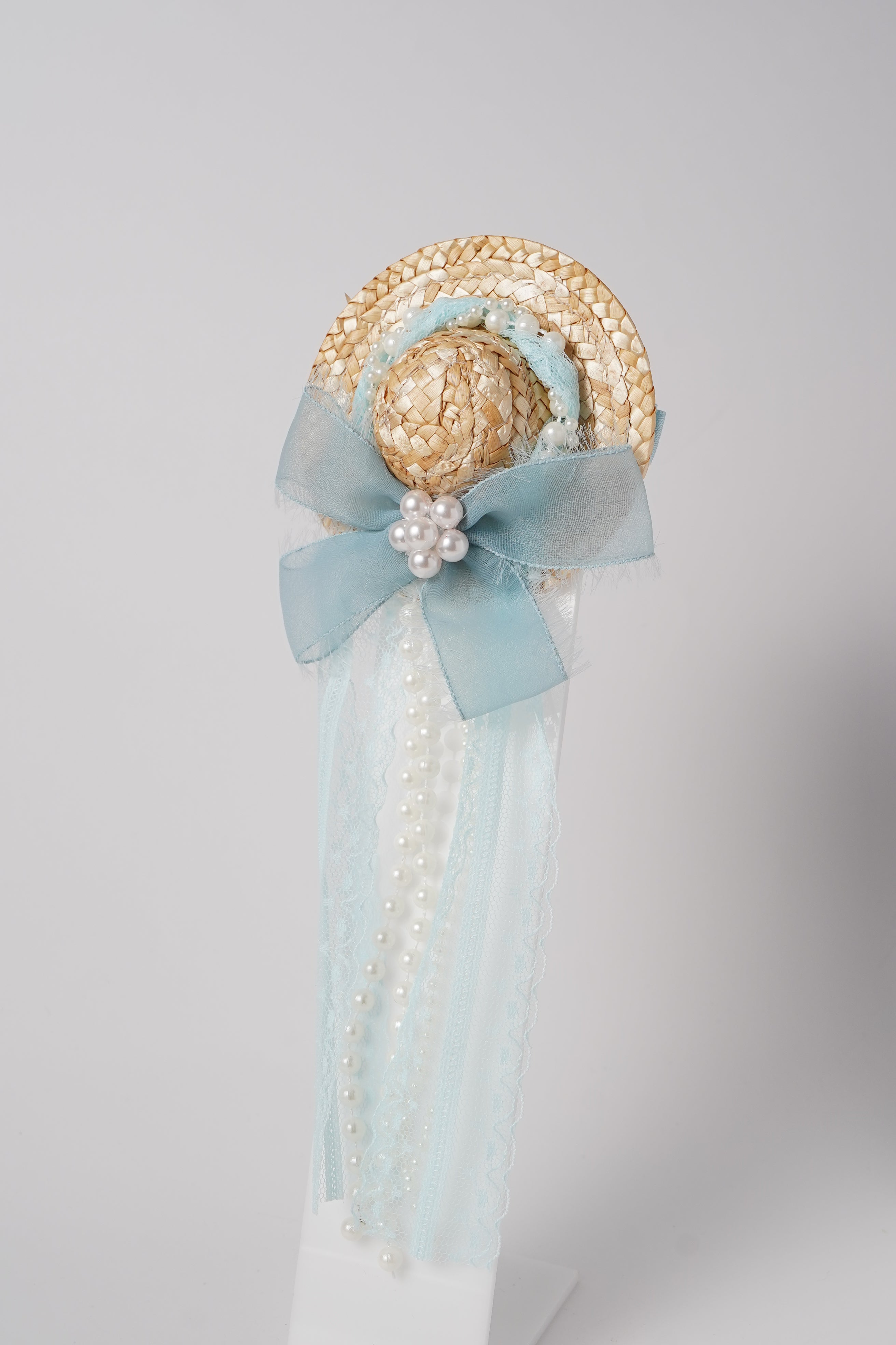 Vintage Mini Straw Hat Hair Clip with Lace, Pearls & Bow Cute Retro Hair Accessory