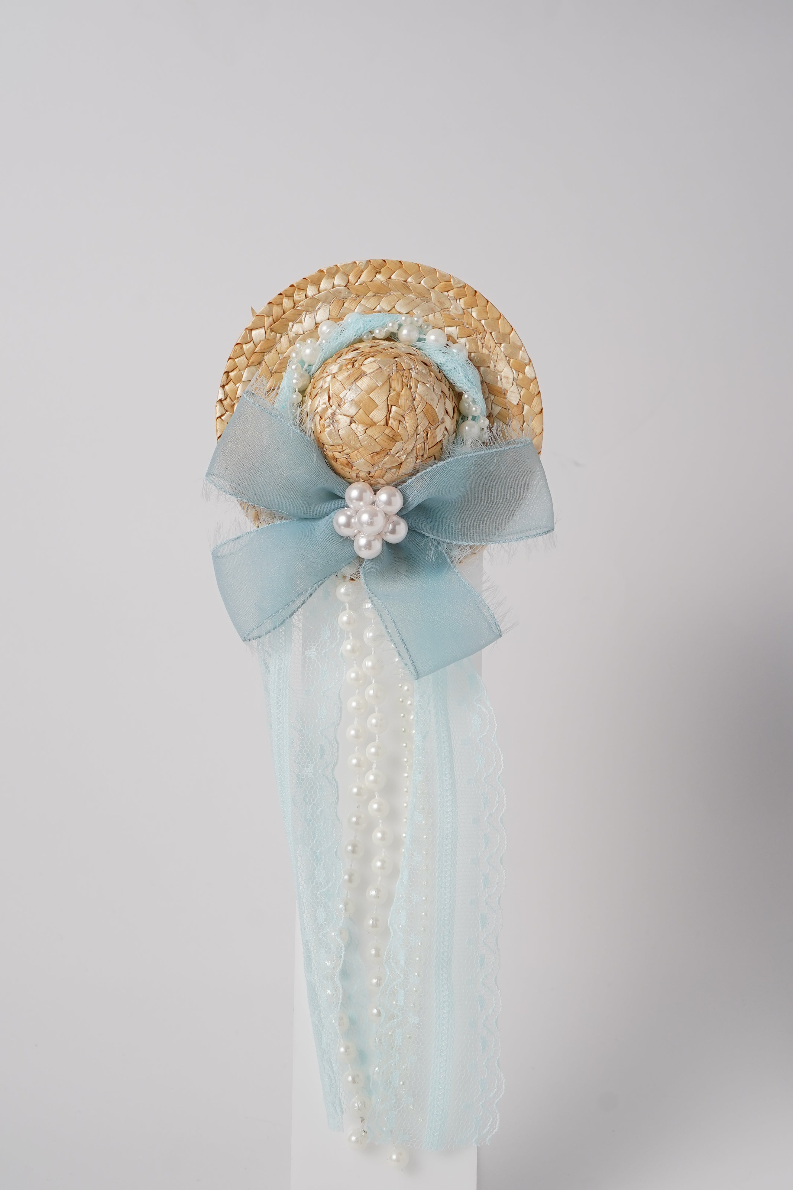 Vintage Mini Straw Hat Hair Clip with Lace, Pearls & Bow Cute Retro Hair Accessory