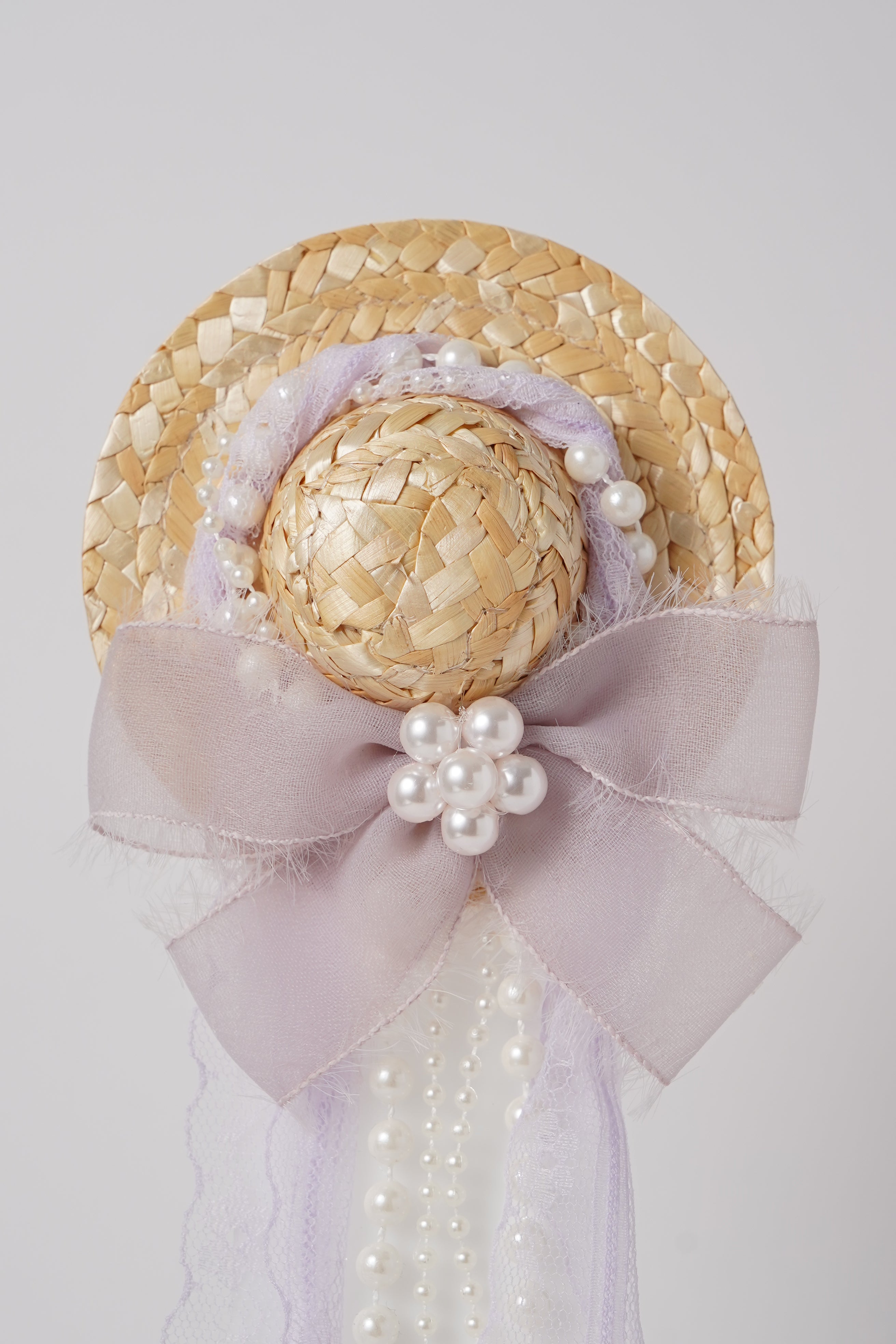 Vintage Mini Straw Hat Hair Clip with Lace, Pearls & Bow Cute Retro Hair Accessory