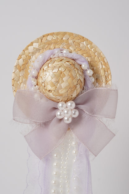 Vintage Mini Straw Hat Hair Clip with Lace, Pearls & Bow Cute Retro Hair Accessory