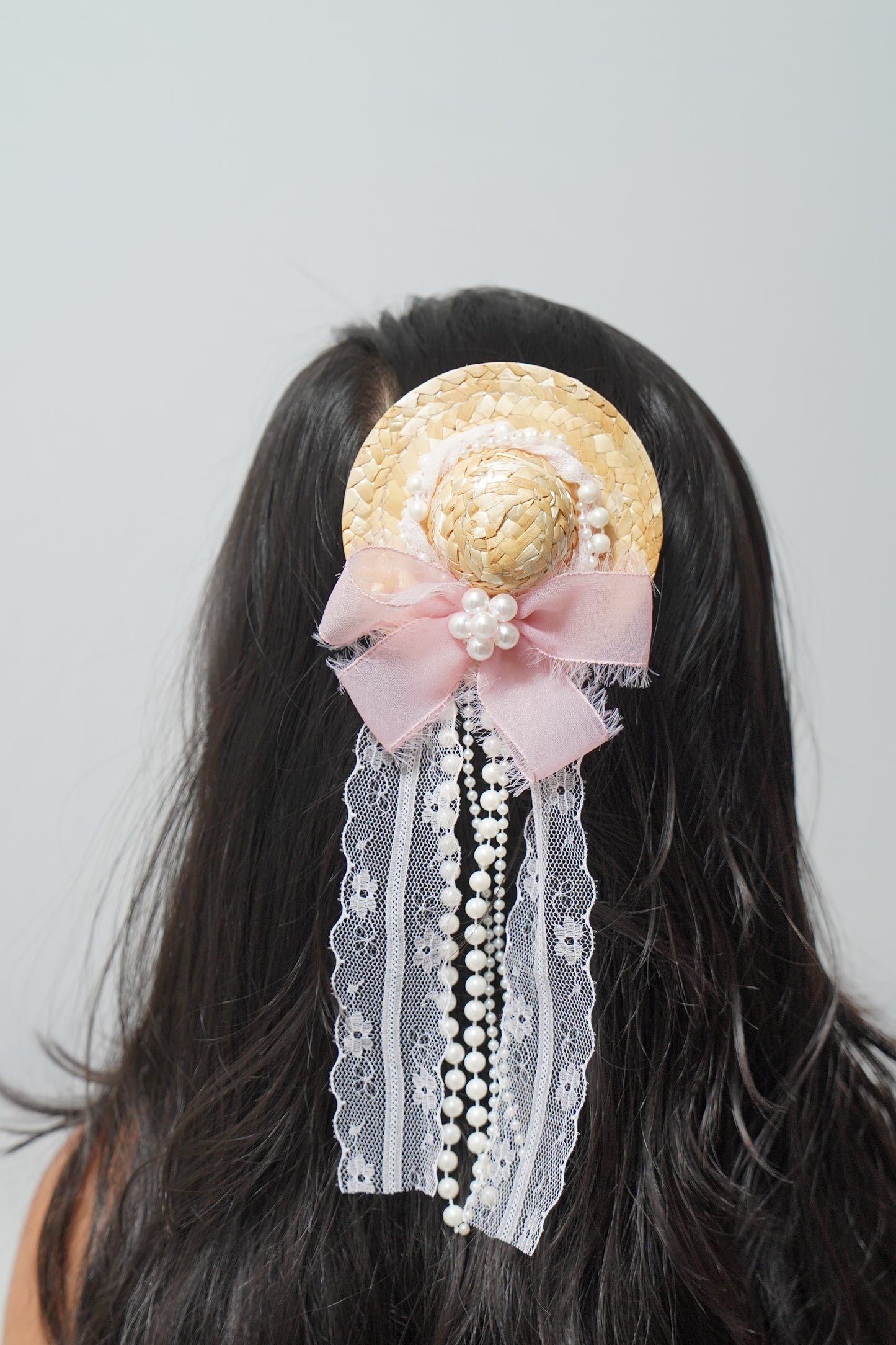 Vintage Mini Straw Hat Hair Clip with Lace, Pearls & Bow Cute Retro Hair Accessory