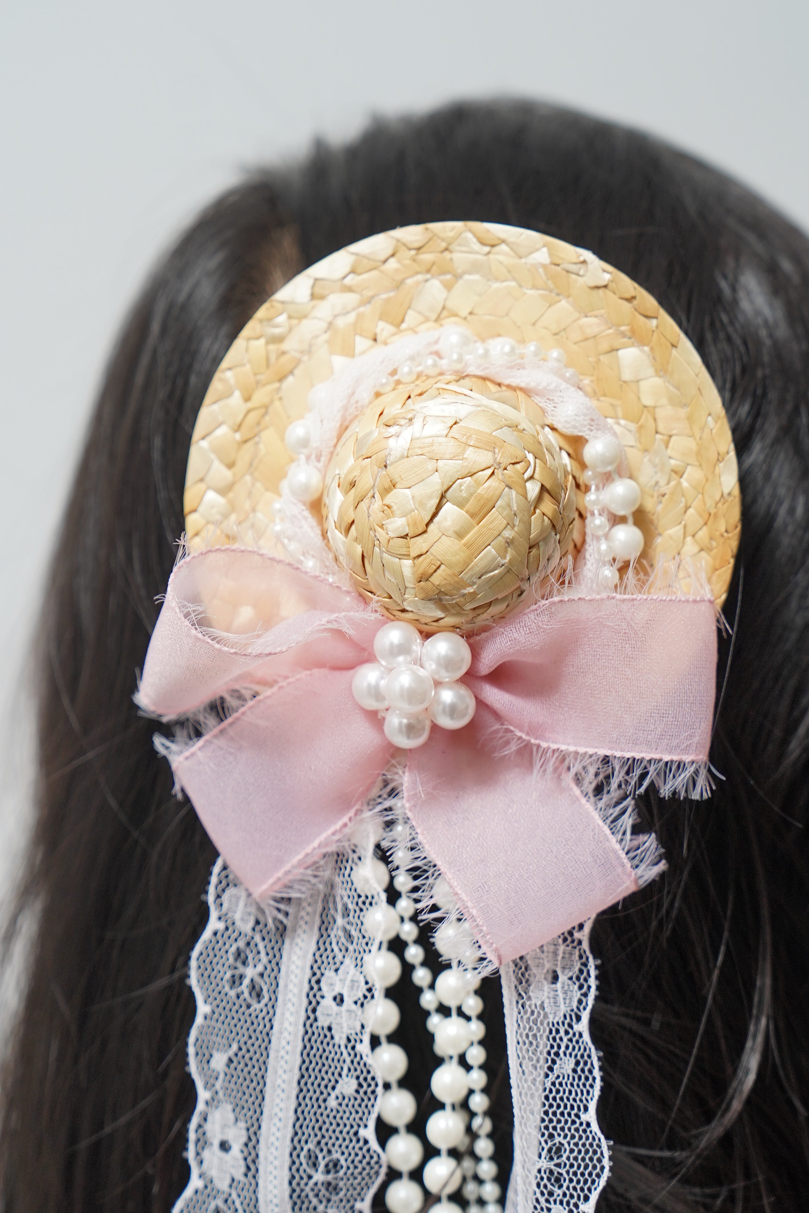 Vintage Mini Straw Hat Hair Clip with Lace, Pearls & Bow Cute Retro Hair Accessory