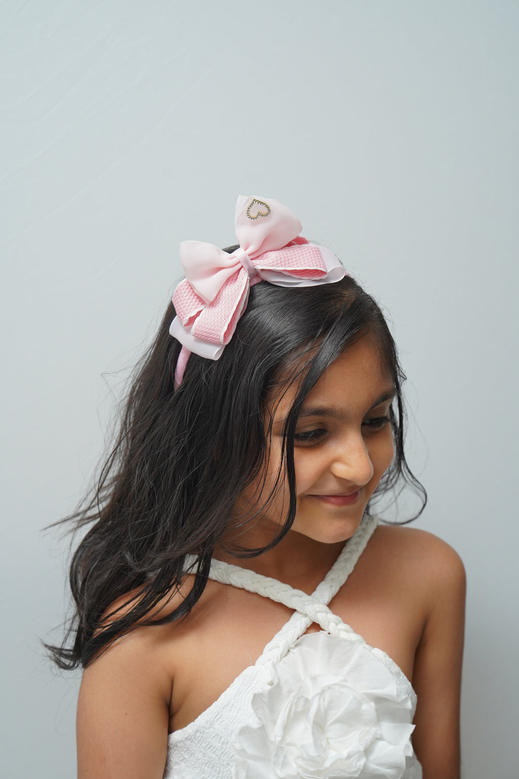 Bow Headband Textured Layers with Heart Charm