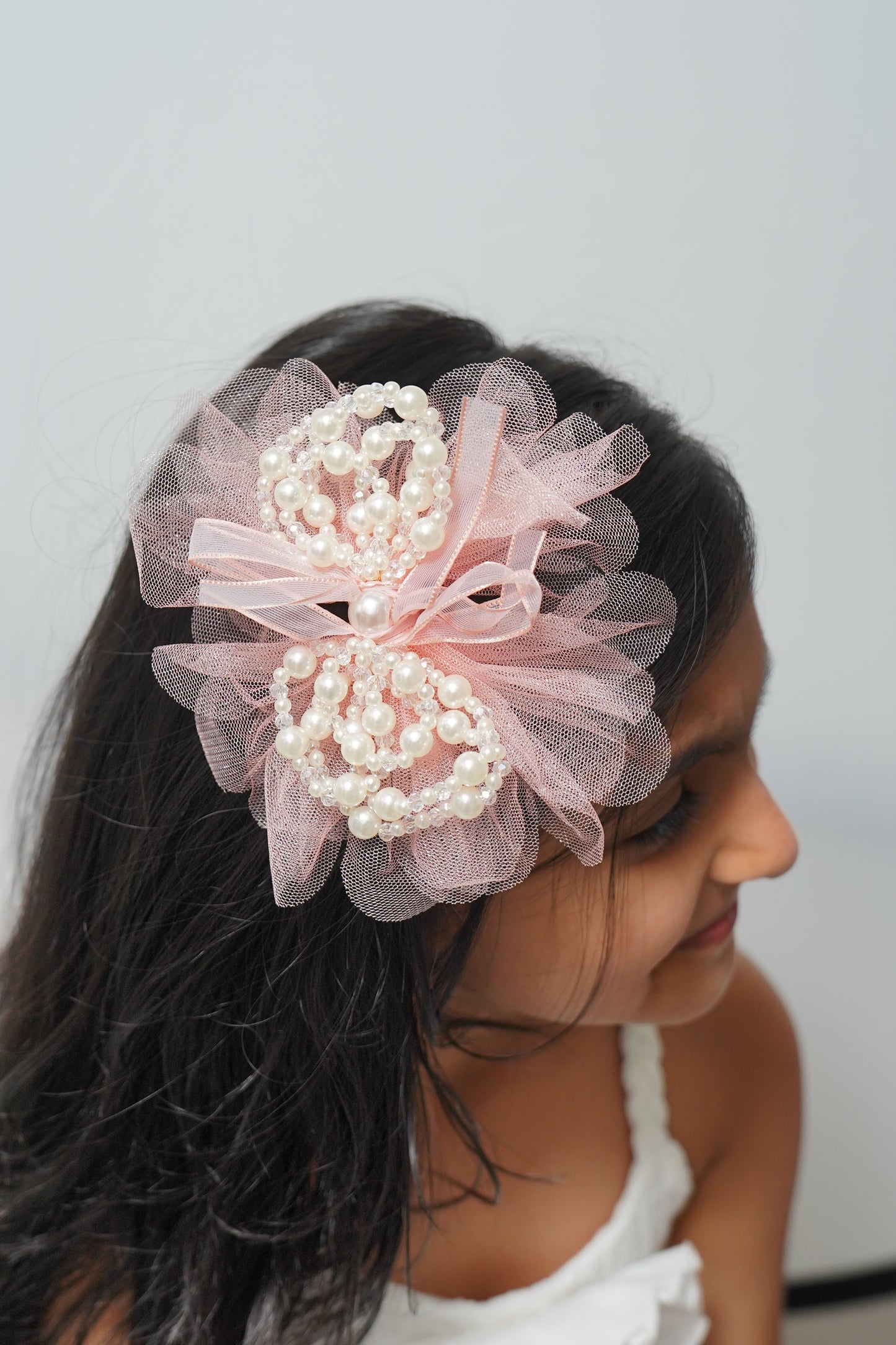 Elegant Tulle Hair Clip with Pearl Loops & Ribbon Bow Party & Wedding Hair Accessory