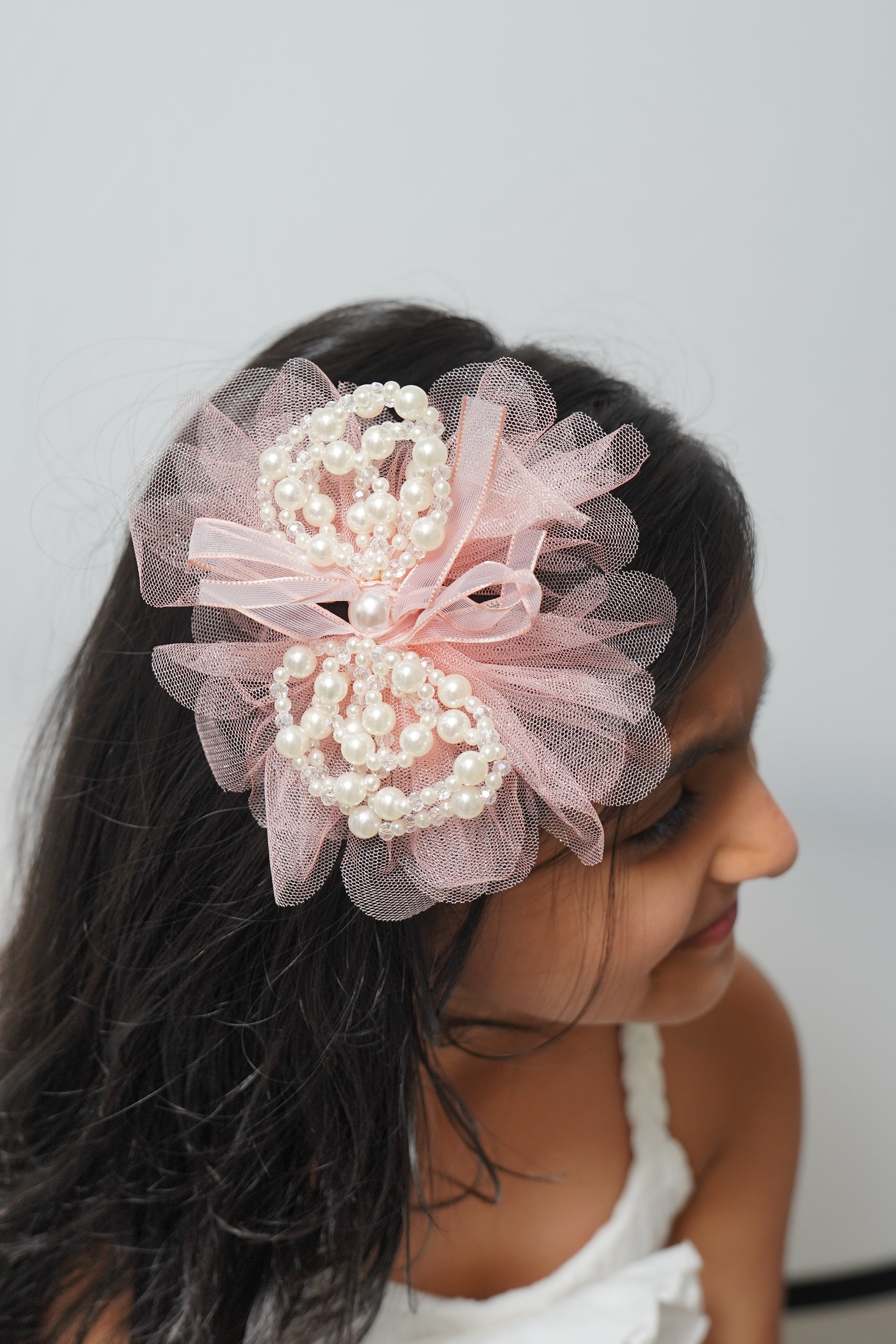 Elegant Tulle Hair Clip with Pearl Loops & Ribbon Bow Party & Wedding Hair Accessory