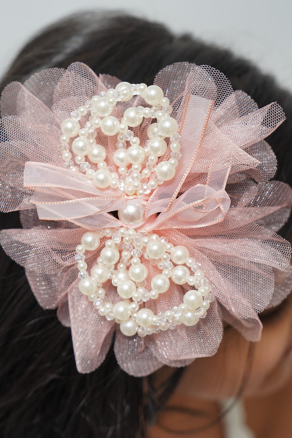 Elegant Tulle Hair Clip with Pearl Loops & Ribbon Bow Party & Wedding Hair Accessory
