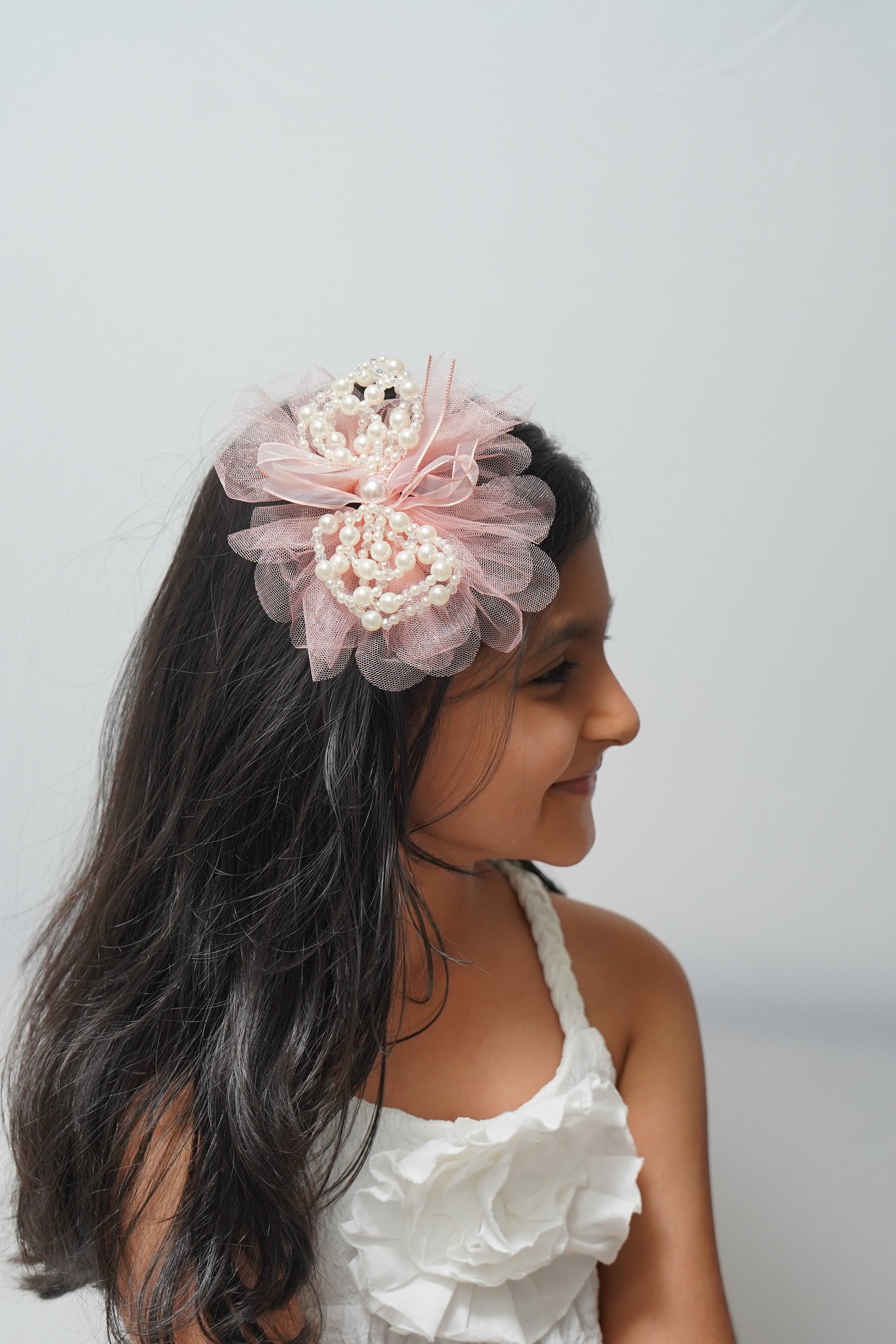 Elegant Tulle Hair Clip with Pearl Loops & Ribbon Bow Party & Wedding Hair Accessory